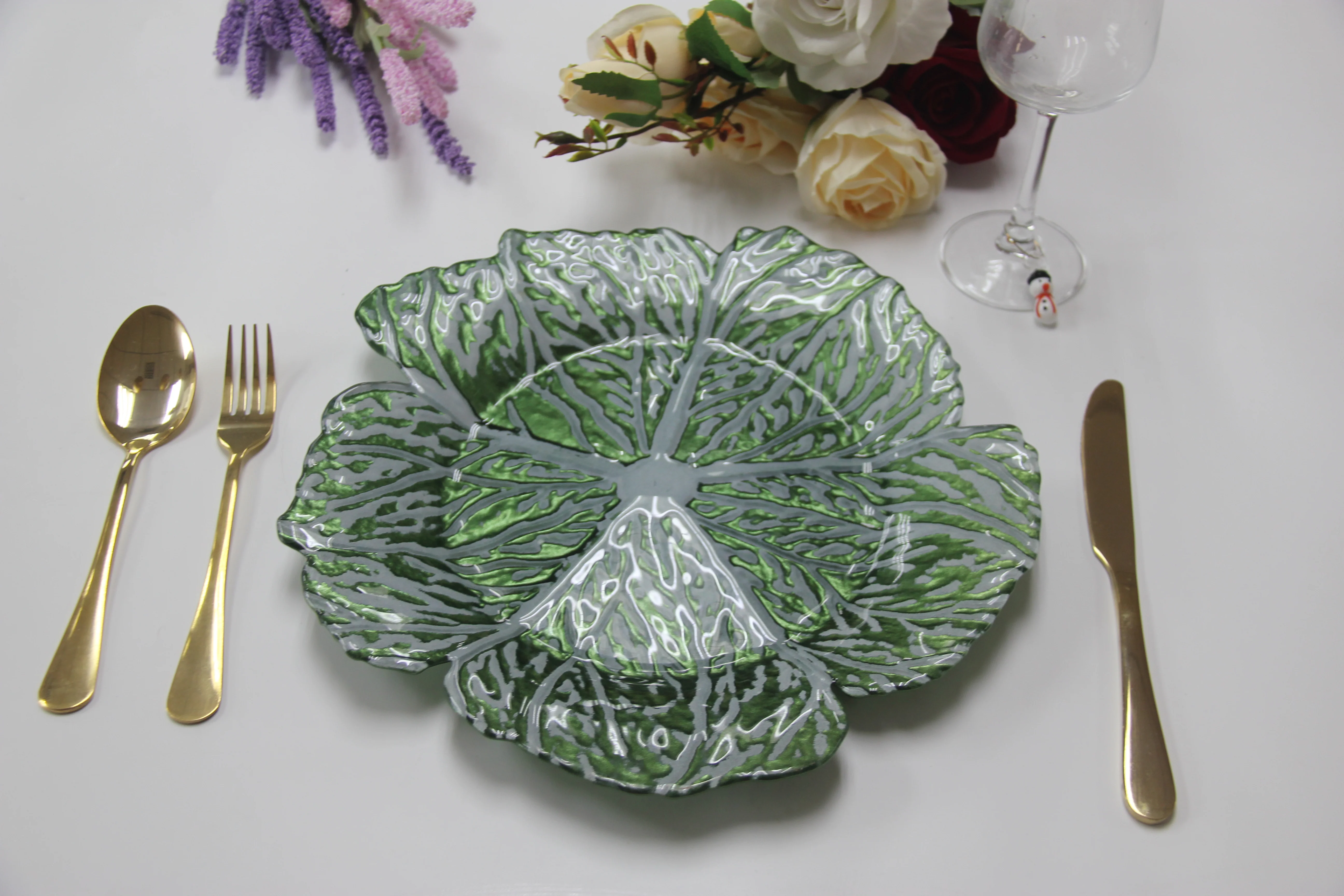 4 pc/set Green Cabbage Glass 13" Charger Plate - Image 2