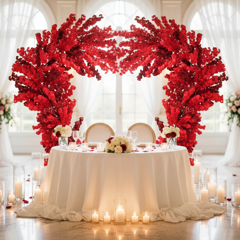 9.5ft Heart Shaped Cherry Blossom Wedding Arch Backdrop (2pc/set) - Red
