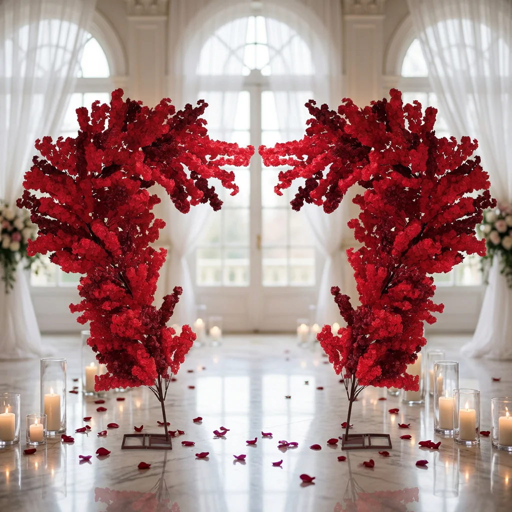 9.5ft Heart Shaped Cherry Blossom Wedding Arch Backdrop (2pc/set) - Red - Image 11