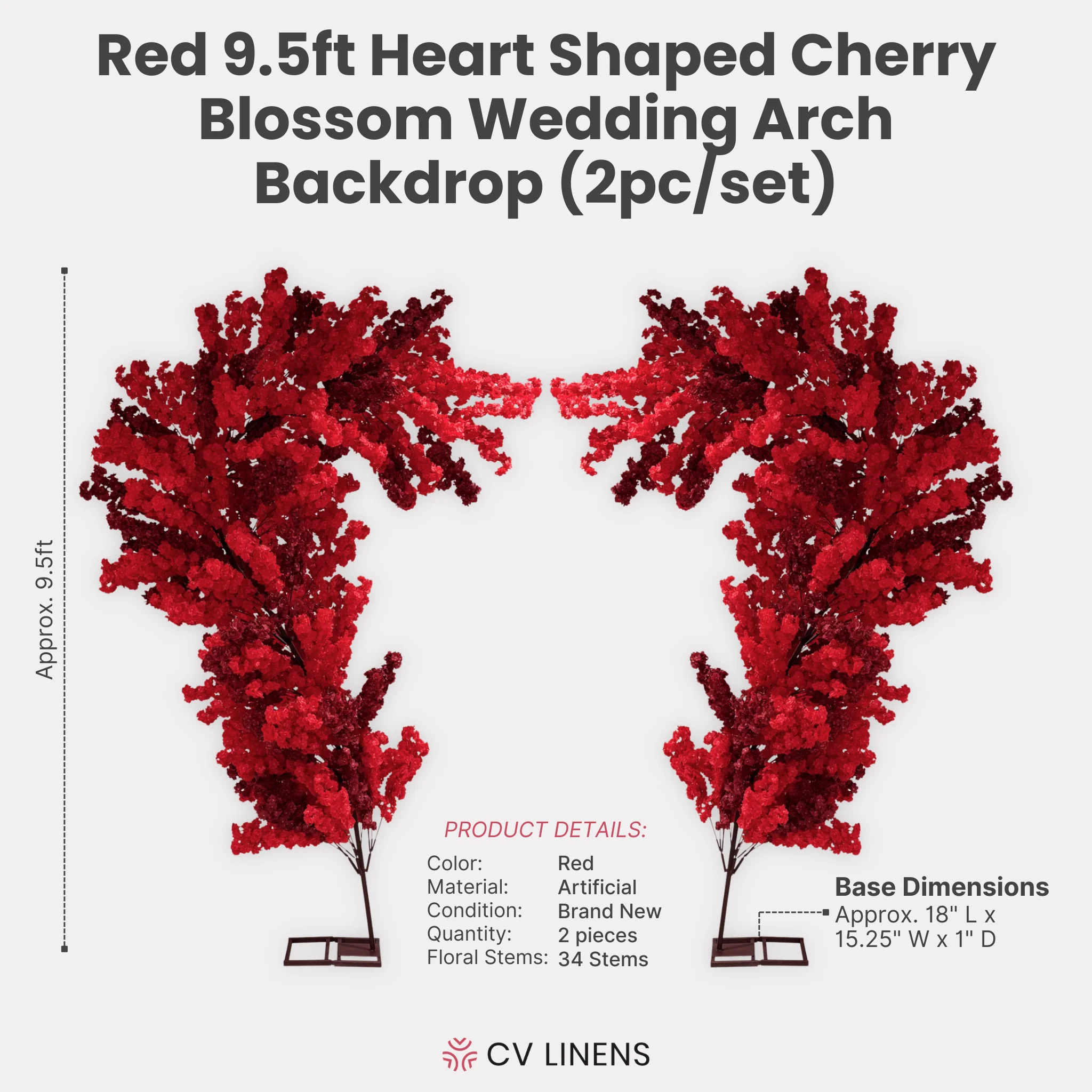 9.5ft Heart Shaped Cherry Blossom Wedding Arch Backdrop (2pc/set) - Red - Image 4