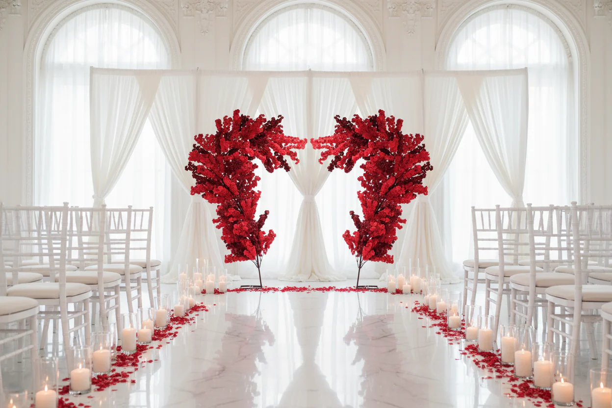 9.5ft Heart Shaped Cherry Blossom Wedding Arch Backdrop (2pc/set) - Red - Image 8