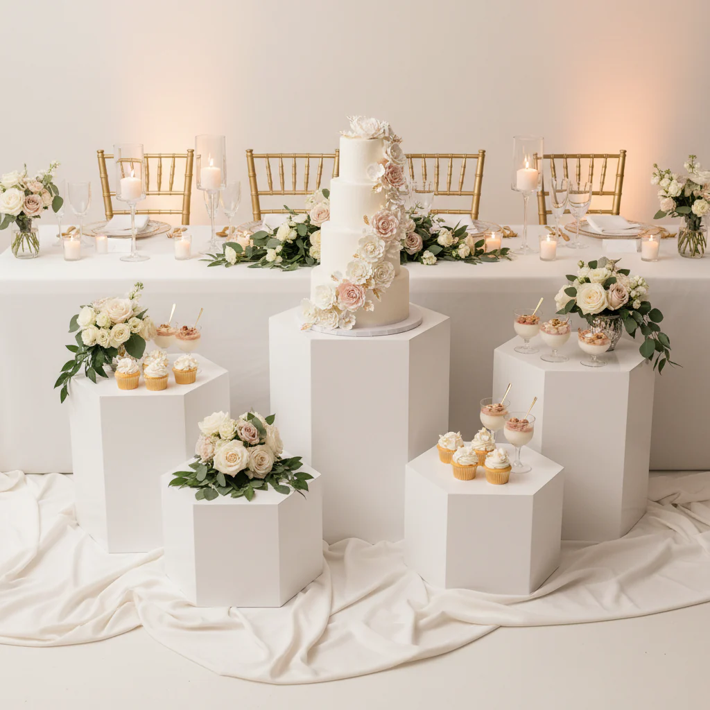 White Hexagon Pedestal Cake/Dessert Display Stands 5 pcs/set - Image 2
