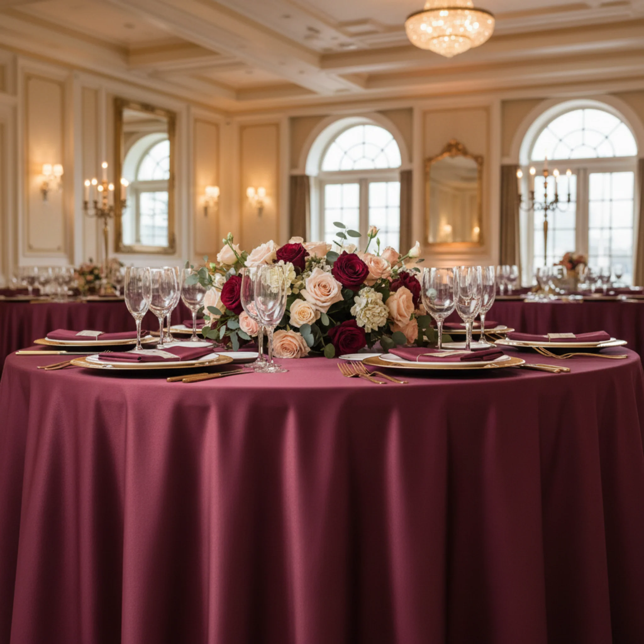 Lamour Satin 120" Round Tablecloth - Burgundy - Image 4