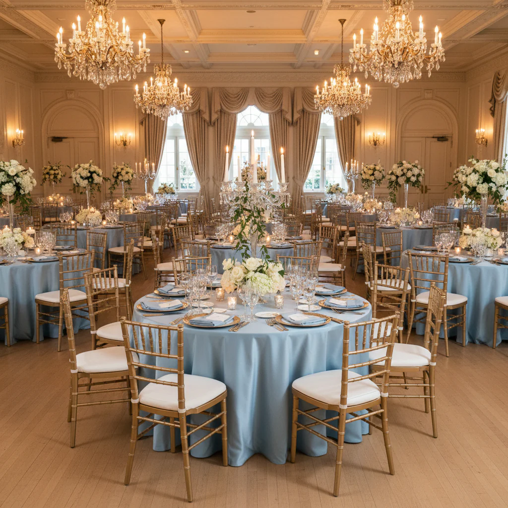Lamour Satin 120" Round Tablecloth - Dusty Blue - Image 3