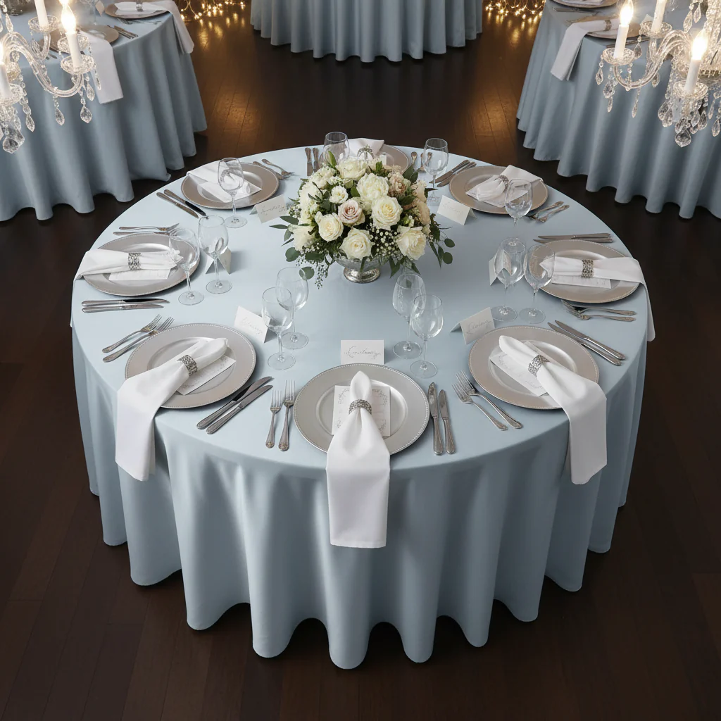Lamour Satin 120" Round Tablecloth - Dusty Blue - Image 4