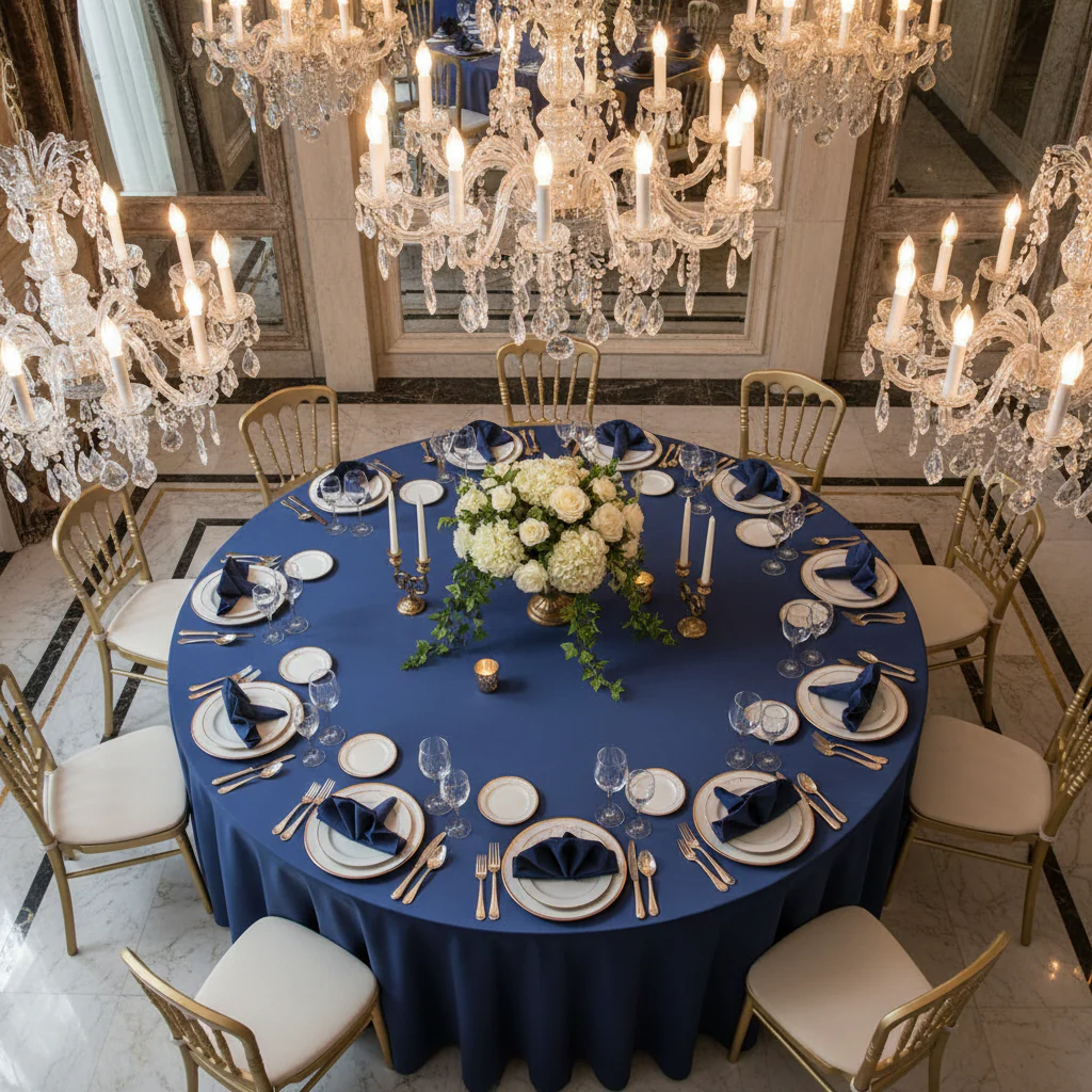 Lamour Satin 120" Round Tablecloth - Navy Blue - Image 2