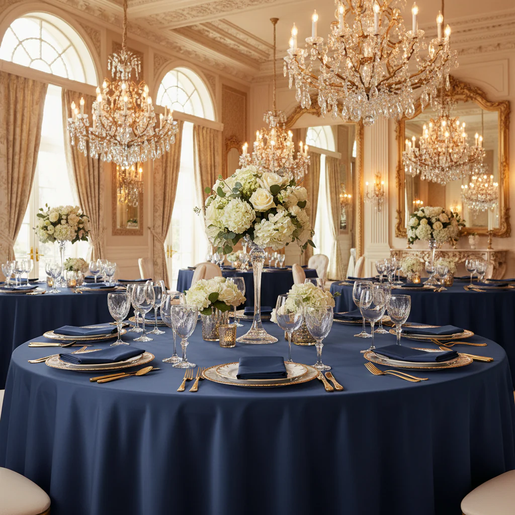 Lamour Satin 120" Round Tablecloth - Navy Blue - Image 3