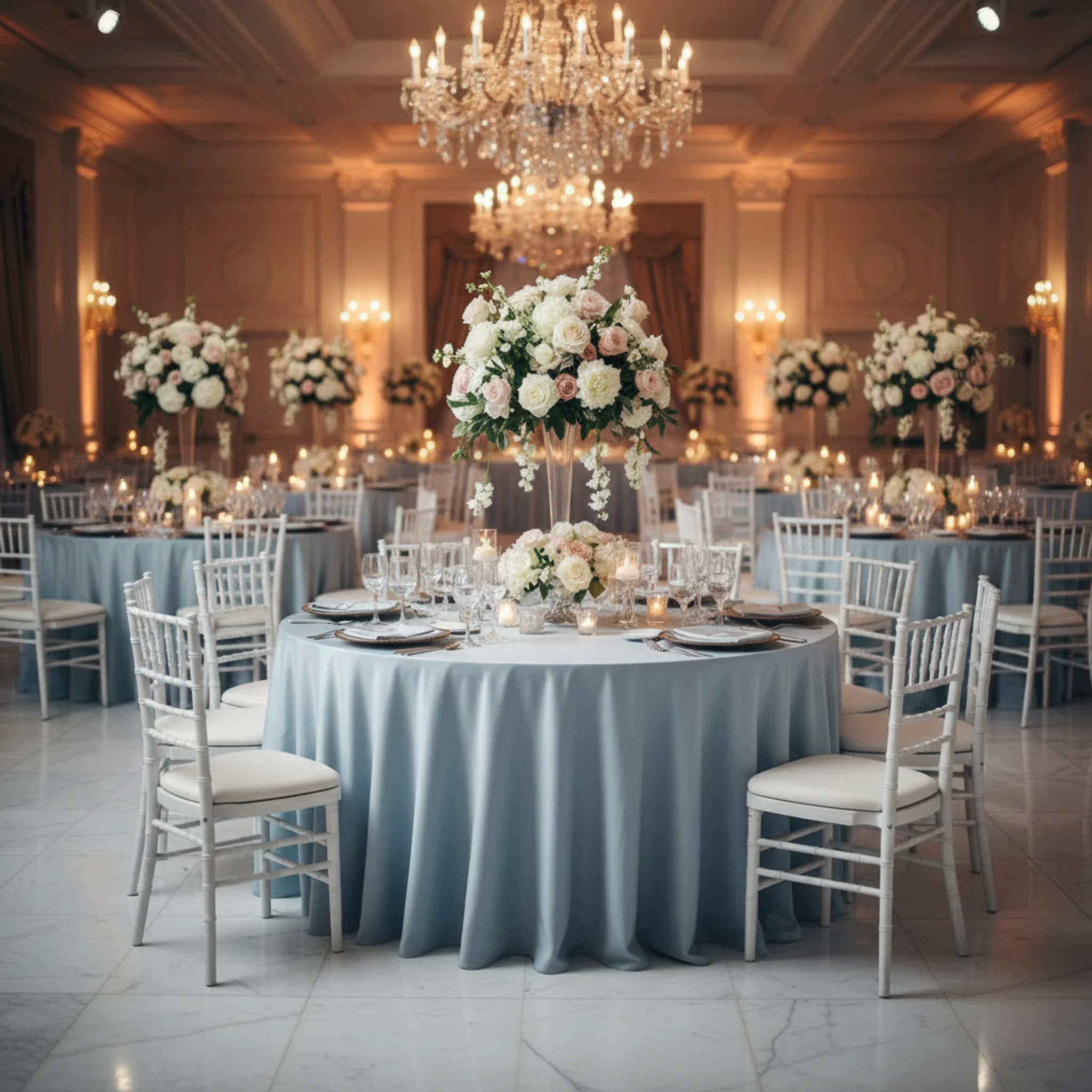 Lamour Satin 132" Round Tablecloth - Dusty Blue - Image 3