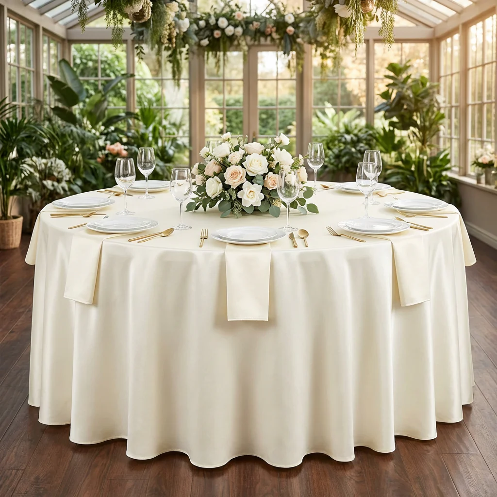 Lamour Satin 132" Round Tablecloth - Ivory - Image 2