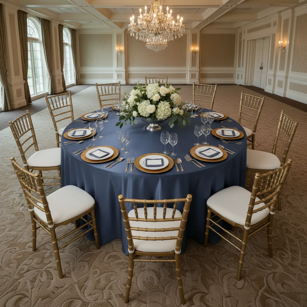 Lamour Satin 132" Round Tablecloth - Navy Blue - Image 3