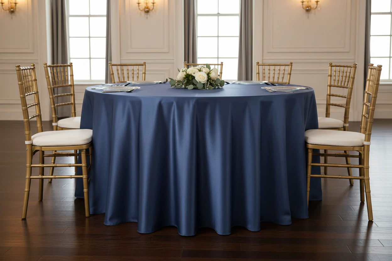 Lamour Satin 132" Round Tablecloth - Navy Blue - Image 4