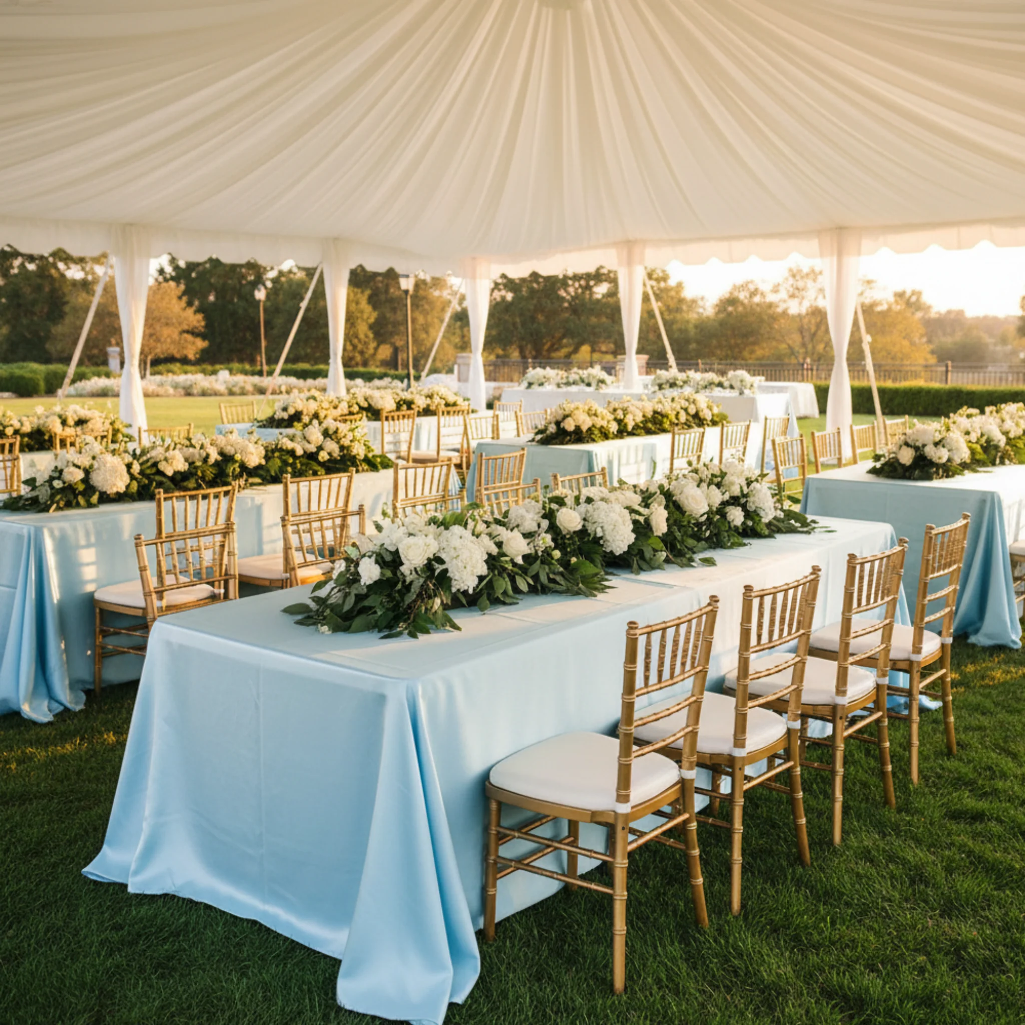 Lamour Satin 90"x132" Rectangular Oblong Tablecloth - Baby Blue - Image 5