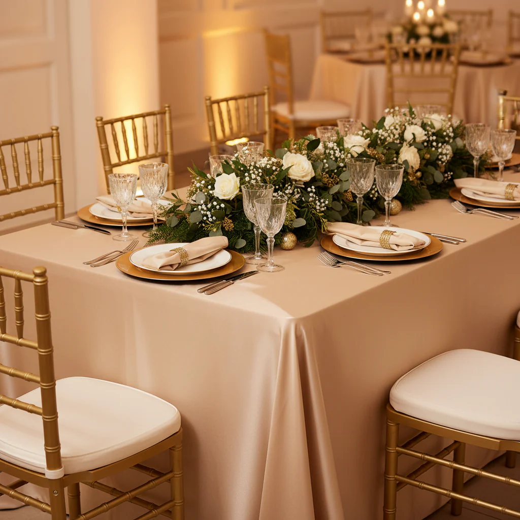 Lamour Satin 90"x132" Rectangular Oblong Tablecloth - Champagne - Image 3