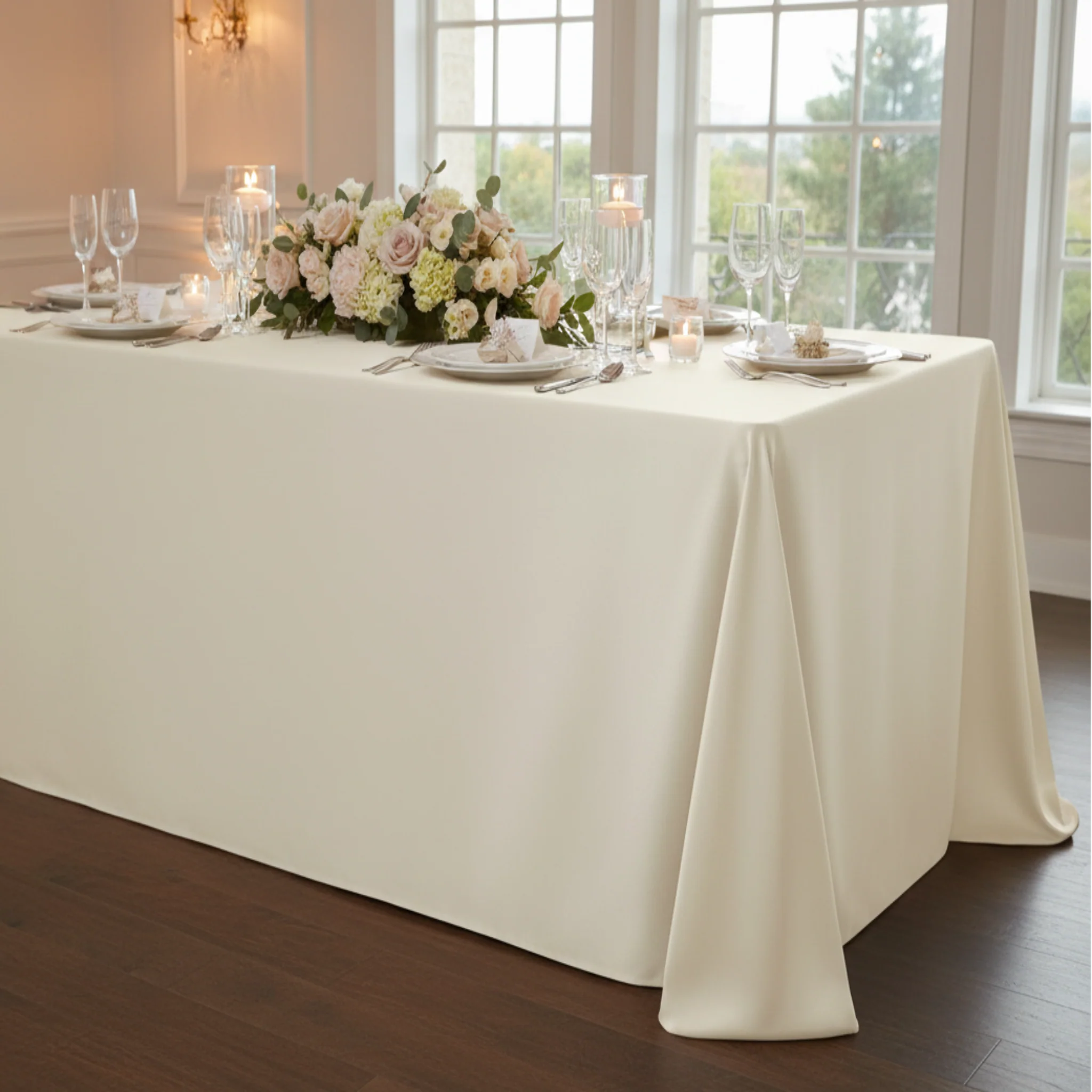 Lamour Satin 90"x132" Rectangular Oblong Tablecloth - Ivory - Image 3
