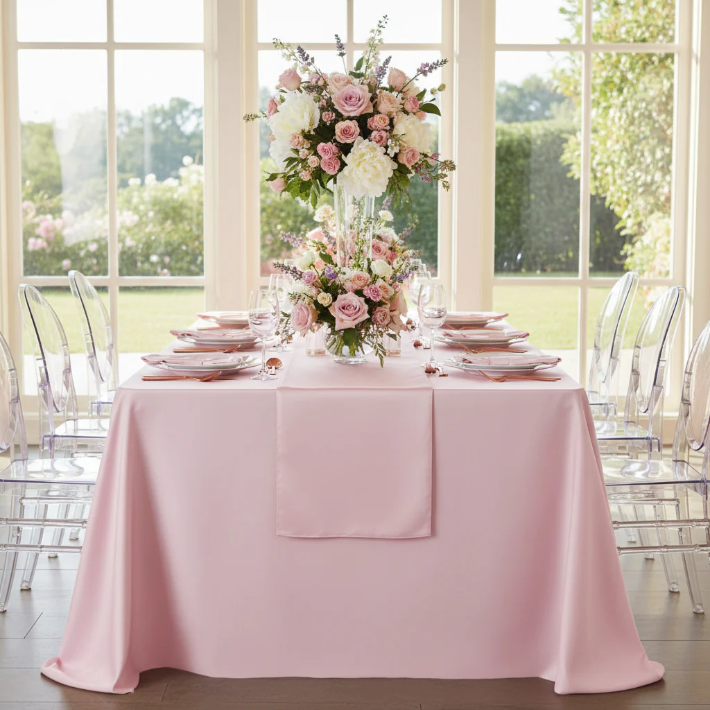 Lamour Satin 90"x132" Rectangular Oblong Tablecloth - Pastel Pink - Image 3