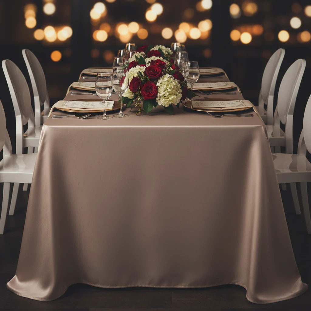 Lamour Satin 90"x132" Rectangular Oblong Tablecloth - Taupe - Image 4