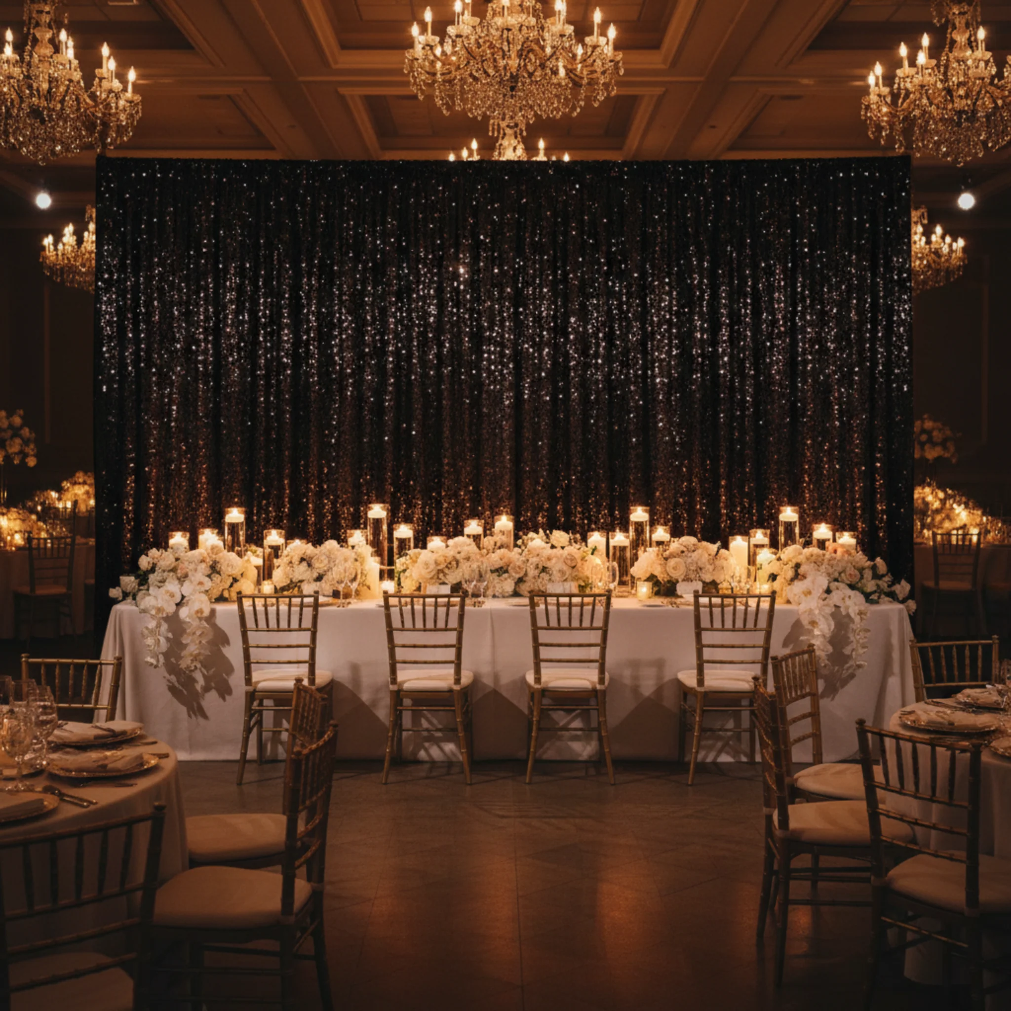 Large Payette Sequin 10ft H x 52" W Drape/Backdrop panel - Black - Image 2