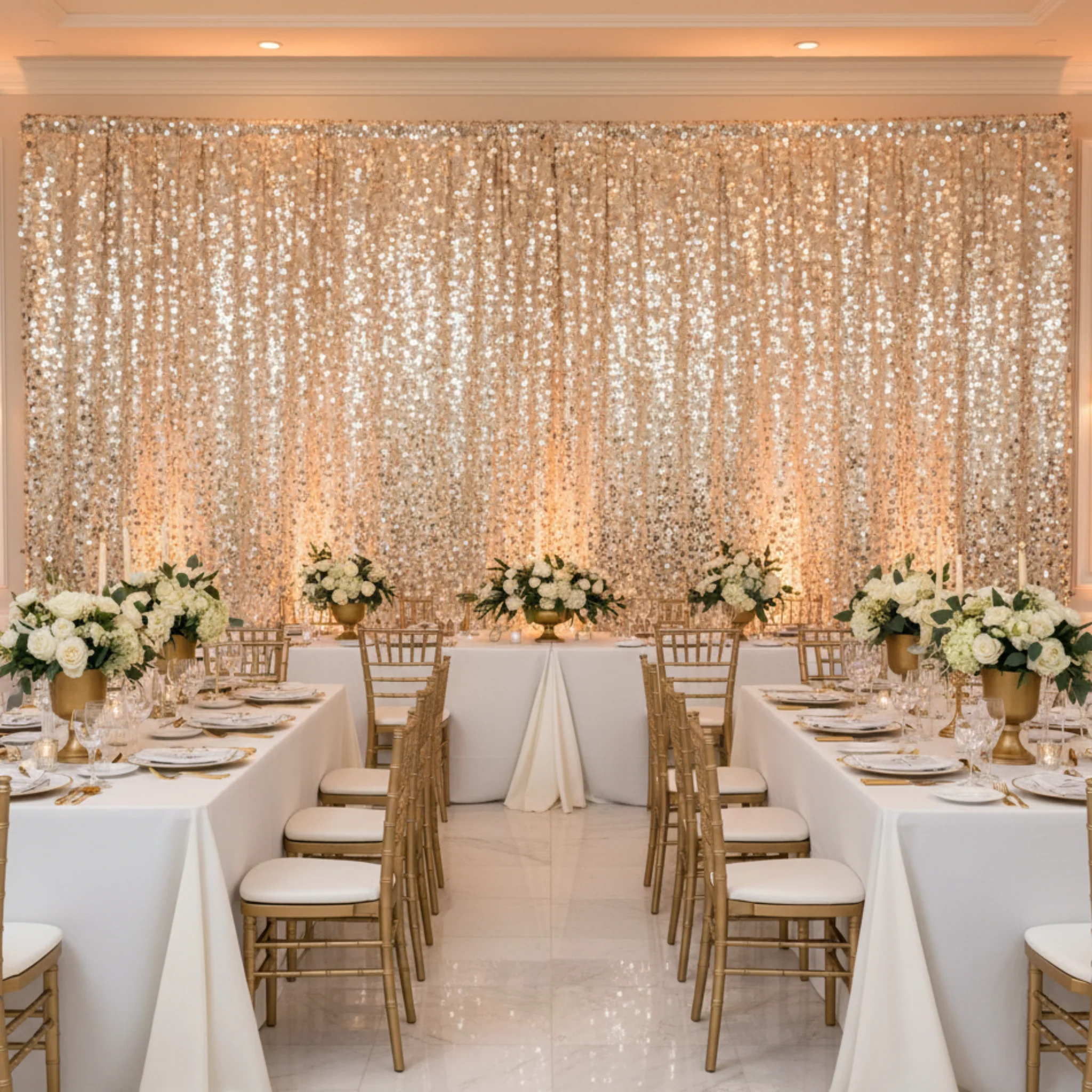 Large Payette Sequin 10ft H x 52" W Drape/Backdrop panel - Champagne - Image 2