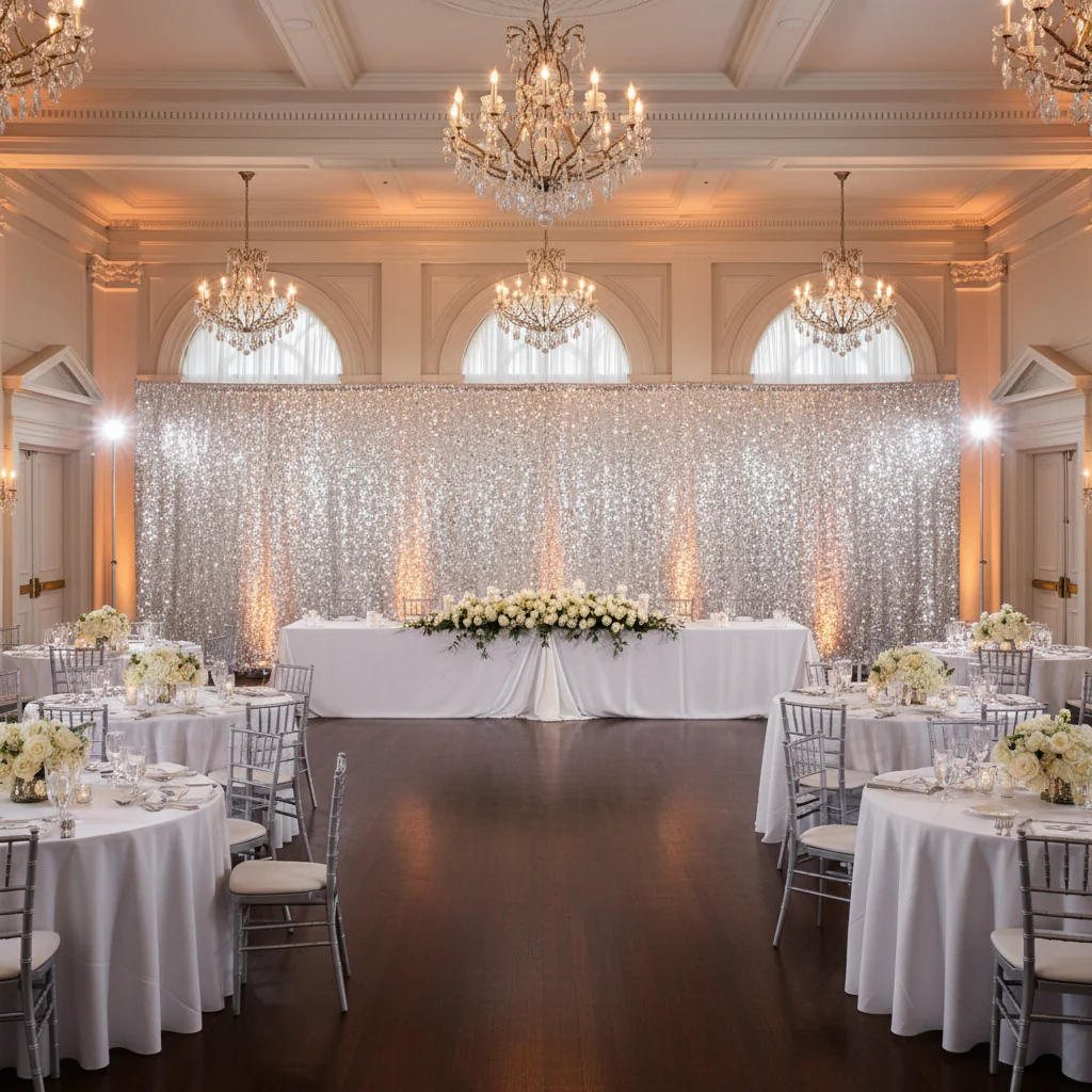 Large Payette Sequin 10ft H x 52" W Drape/Backdrop panel - Silver - Image 4