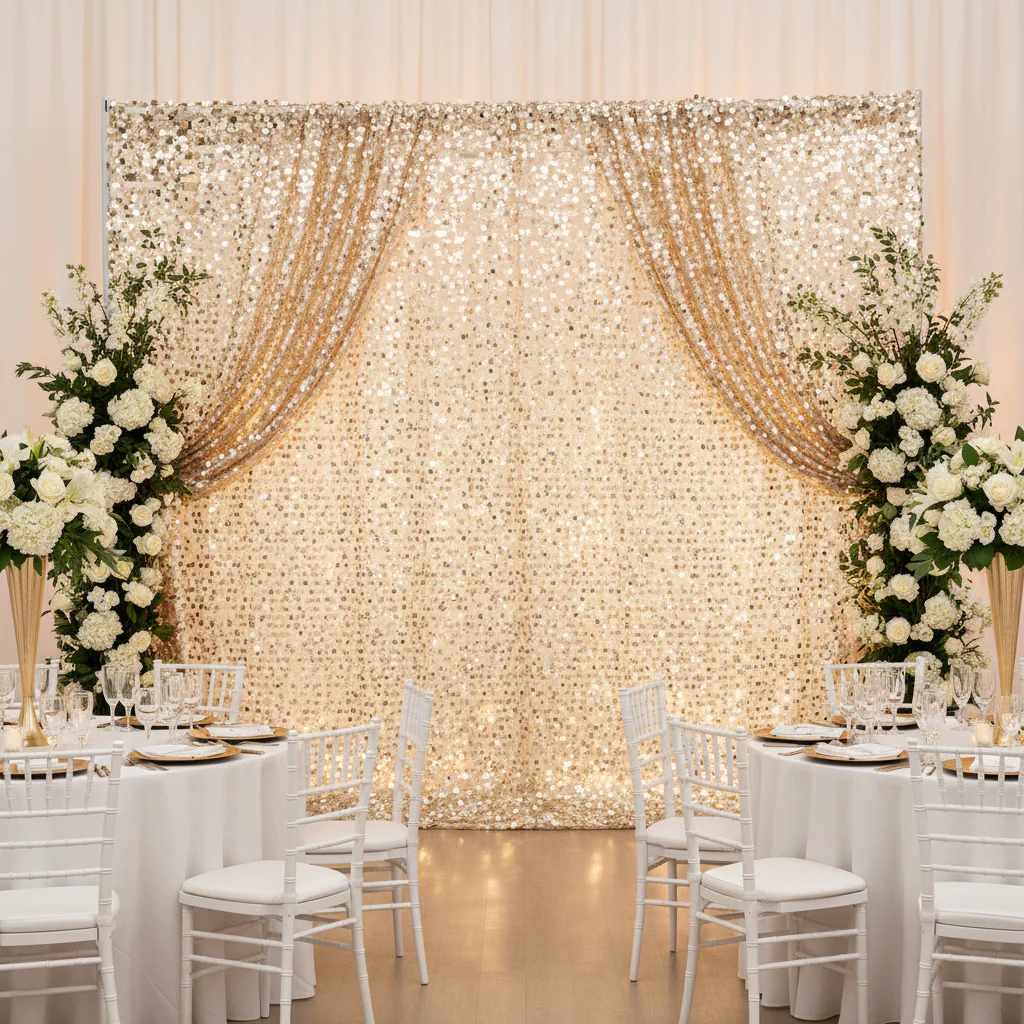 Large Payette Sequin 12ft H x 52" W Drape/Backdrop panel - Champagne - Image 3
