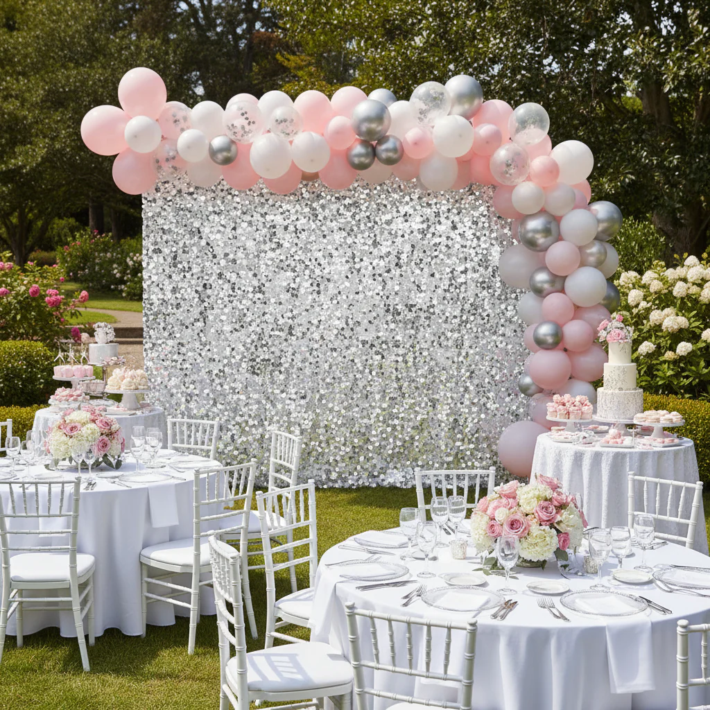 Large Payette Sequin 12ft H x 52" W Drape/Backdrop panel - Silver - Image 2