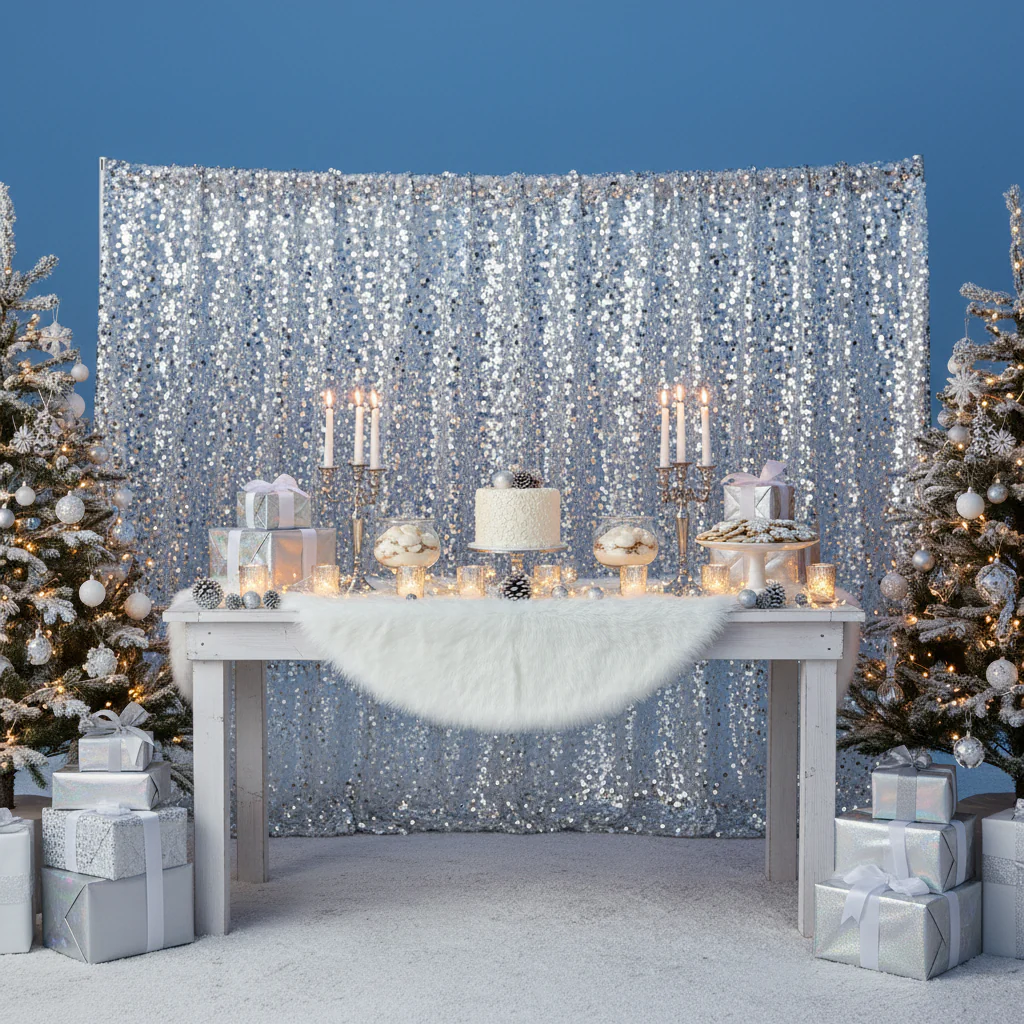 Large Payette Sequin 12ft H x 52" W Drape/Backdrop panel - Silver - Image 3