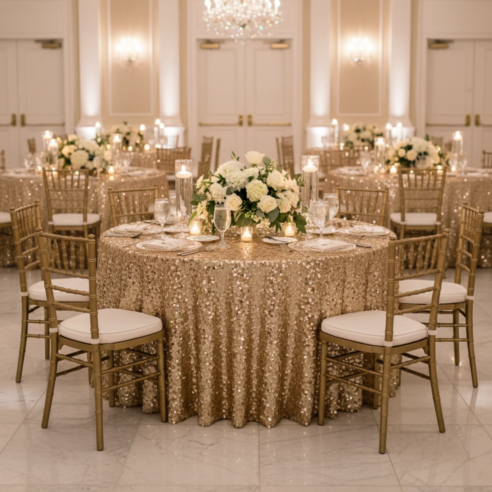Large Payette Sequin 132" Round Tablecloth - Champagne - Image 4