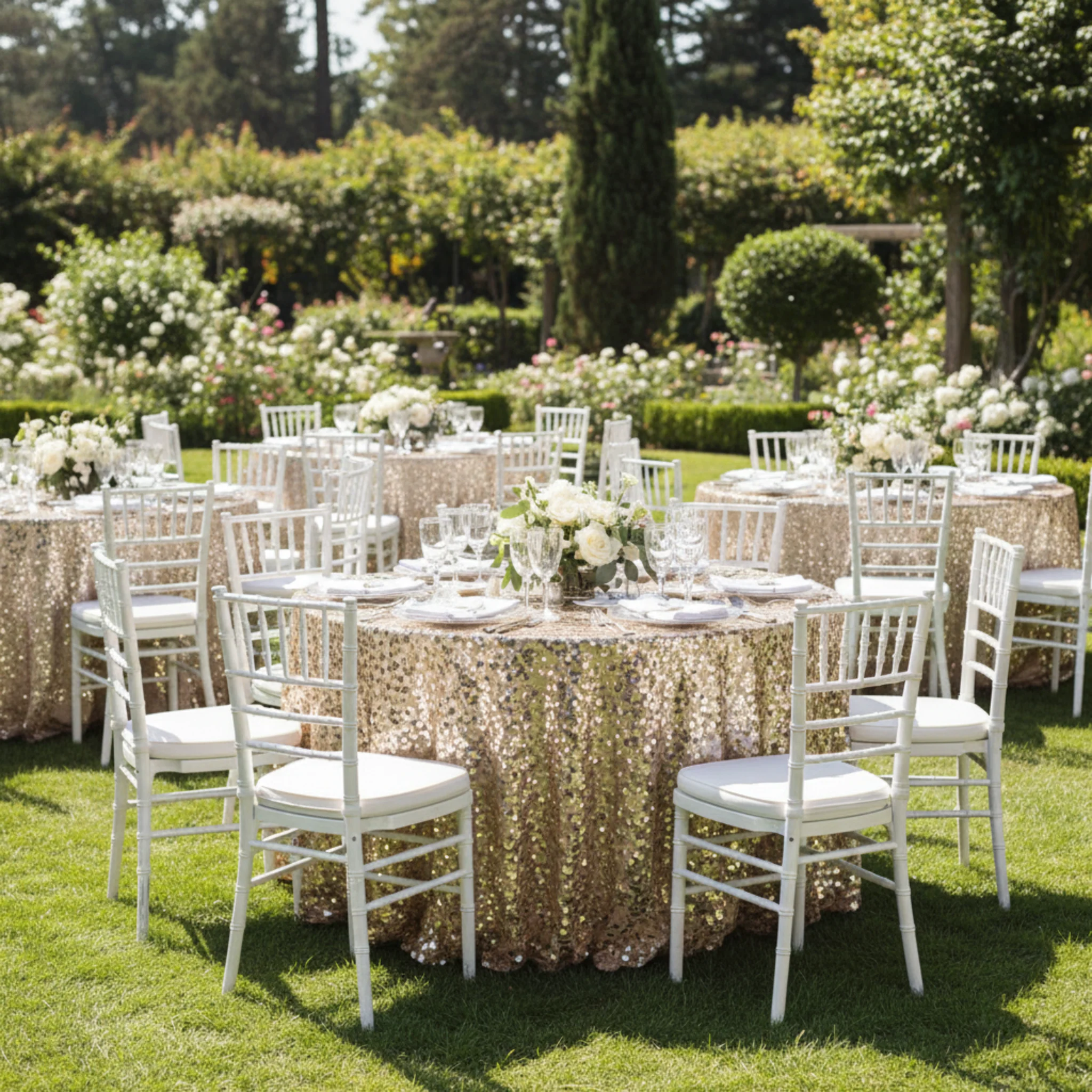Large Payette Sequin 132" Round Tablecloth - Champagne - Image 5