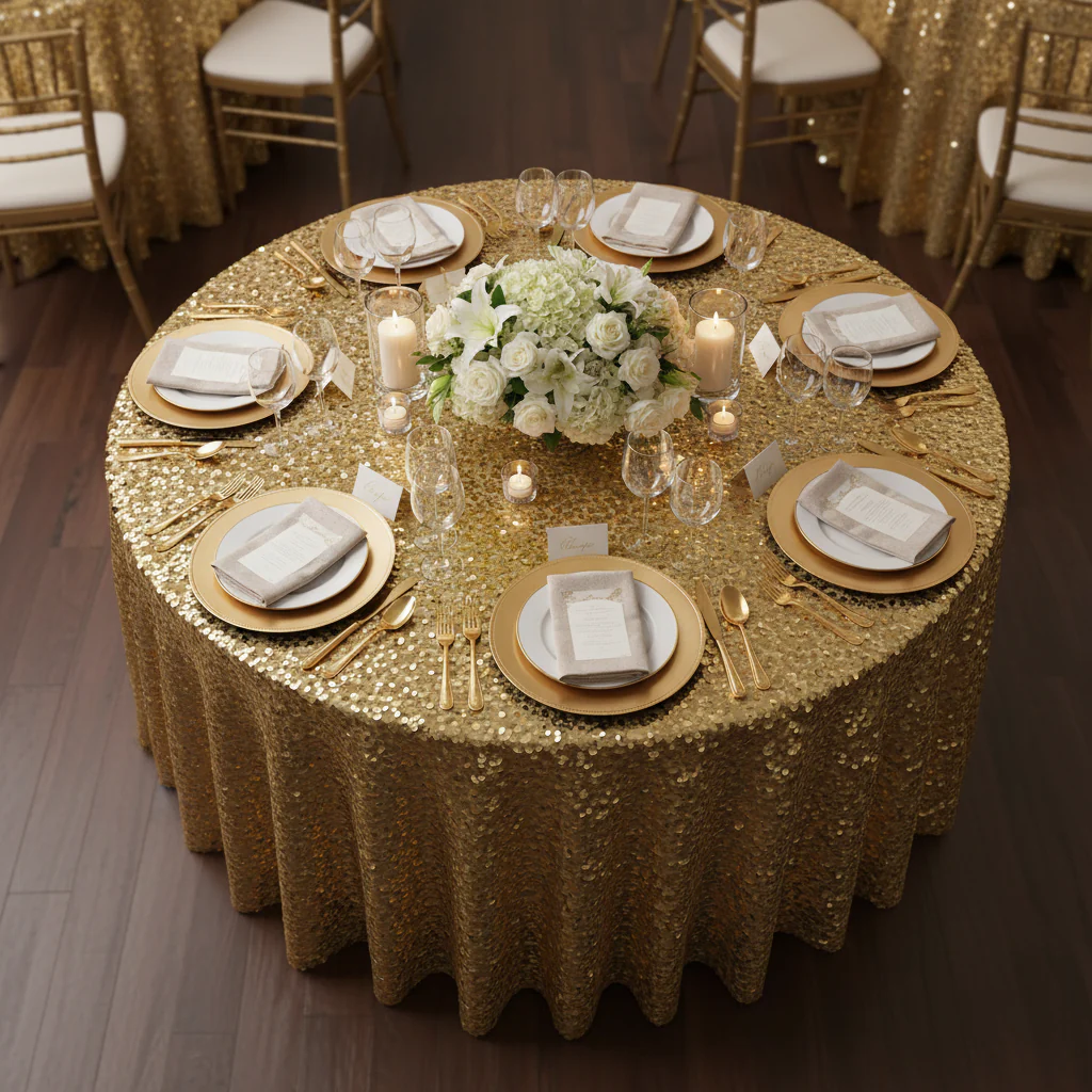 Large Payette Sequin 132" Round Tablecloth - Gold - Image 5