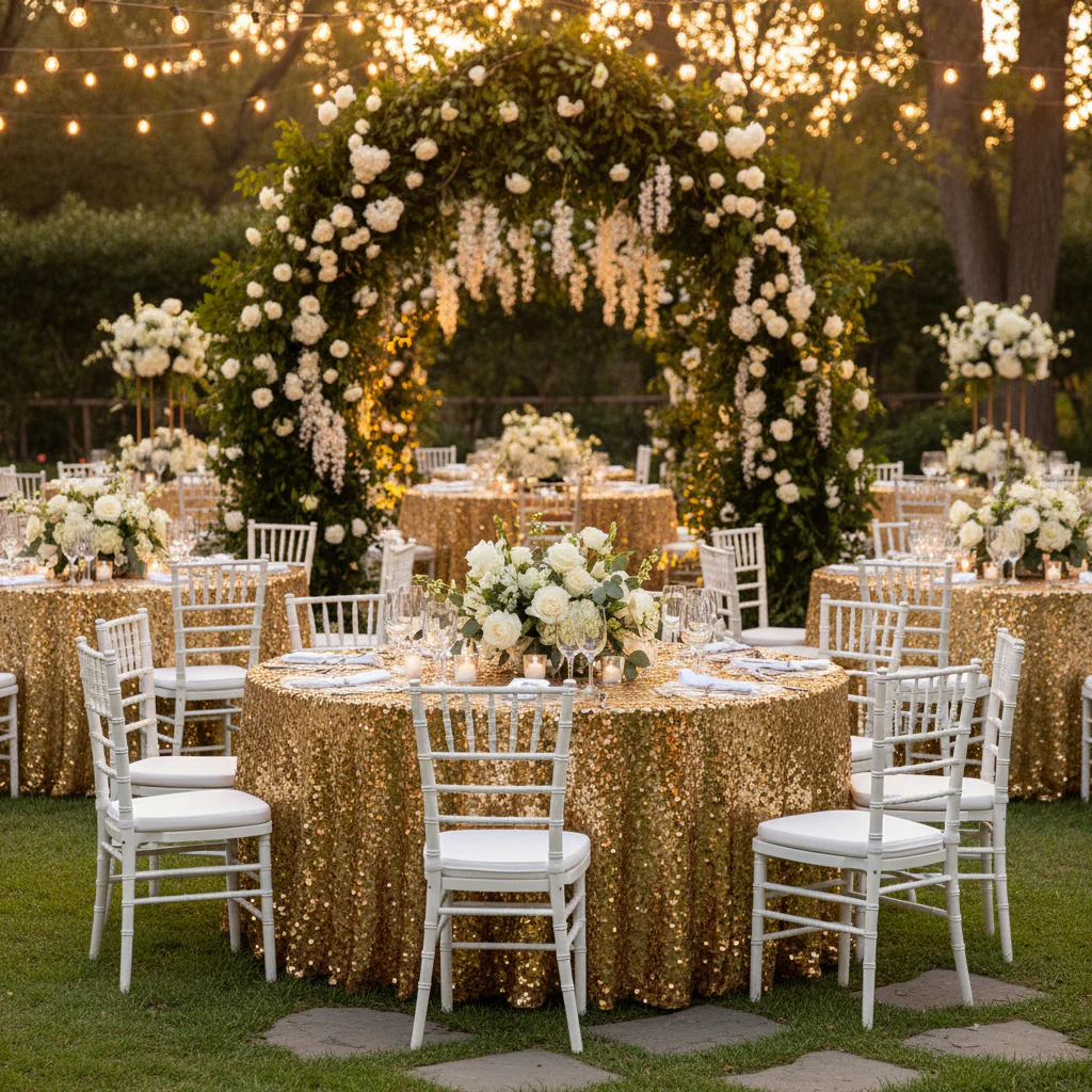 Large Payette Sequin 132" Round Tablecloth - Gold - Image 6