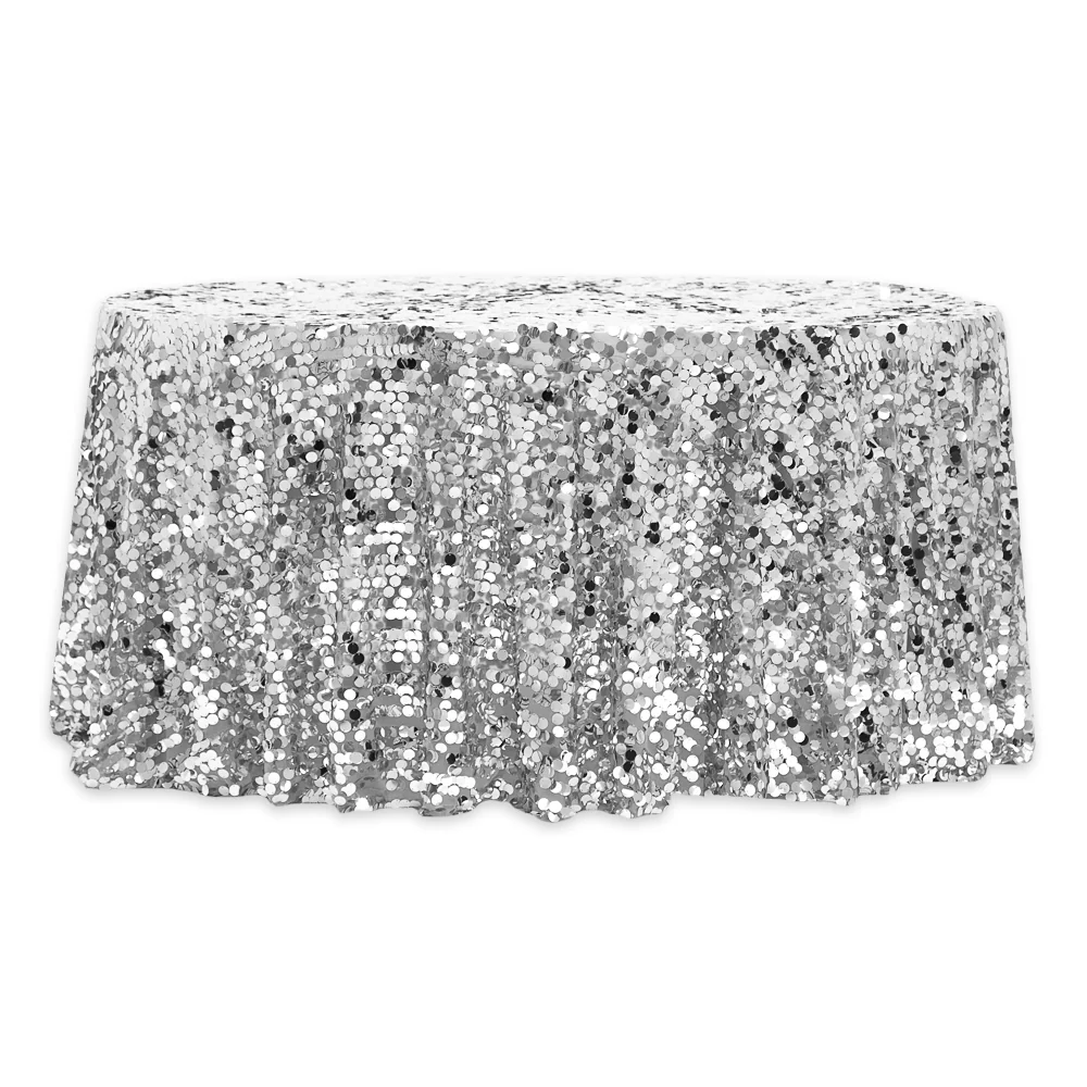 Large Payette Sequin 132" Round Tablecloth - Silver