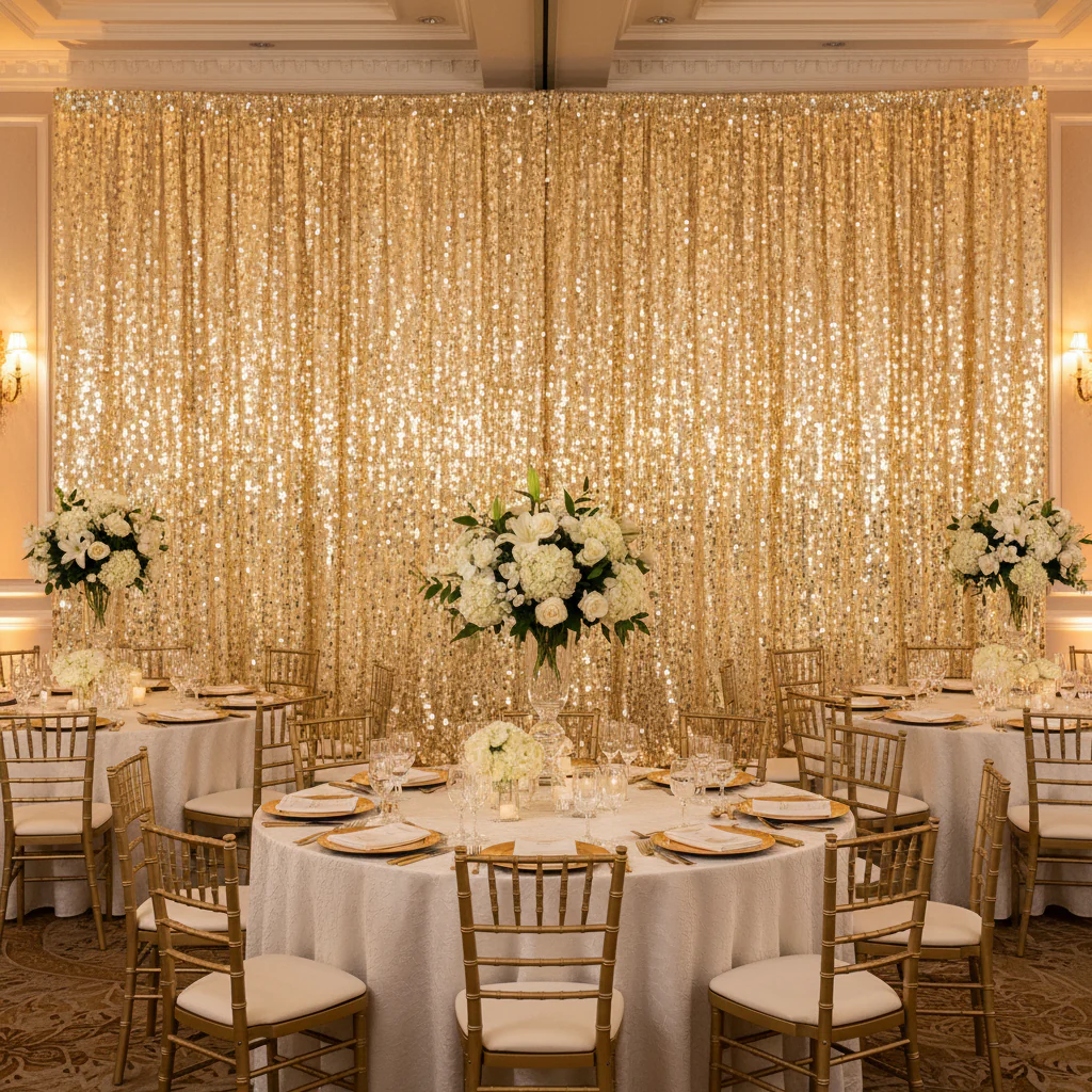 Large Payette Sequin 14ft H x 52" W Drape/Backdrop panel - Gold - Image 3