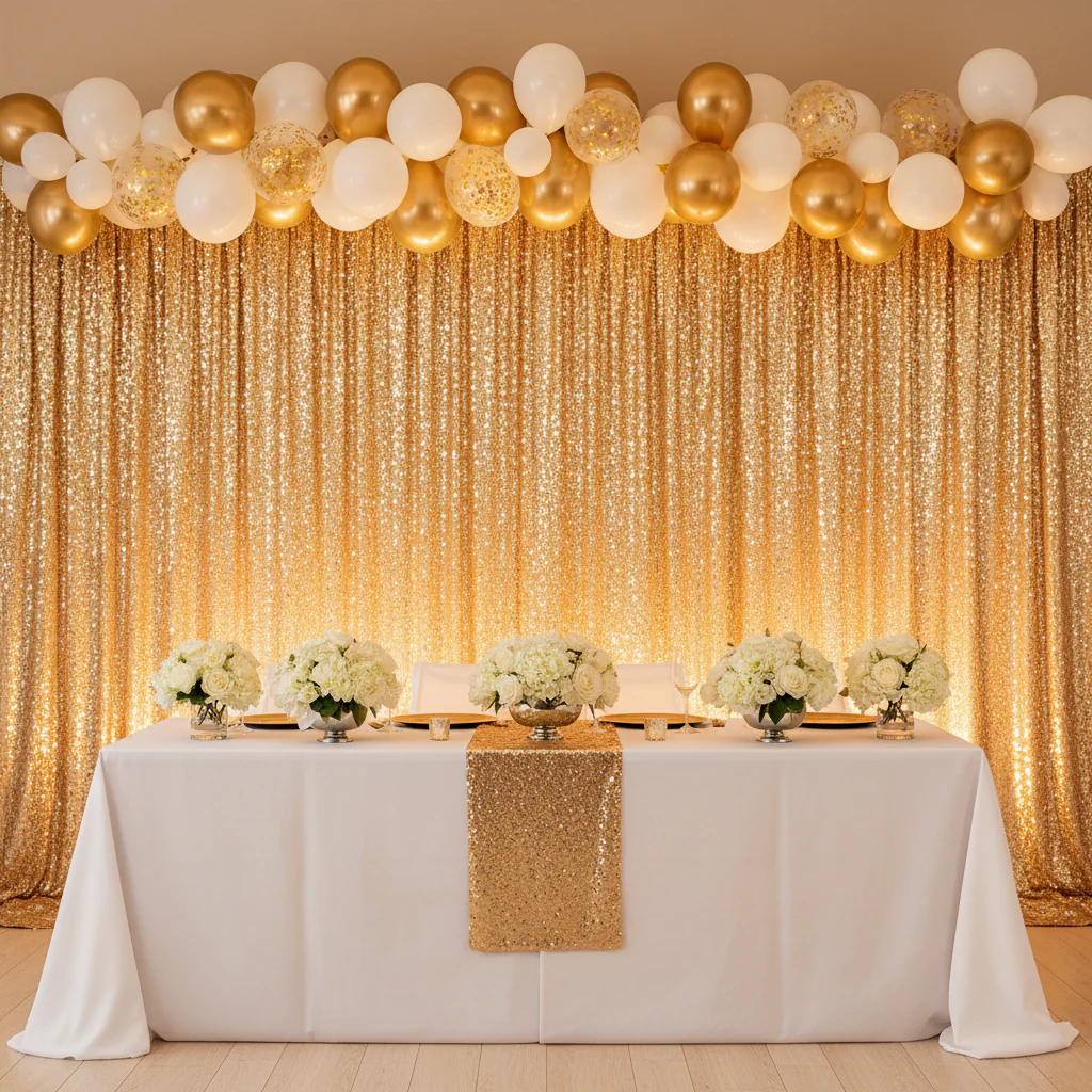 Large Payette Sequin 14ft H x 52" W Drape/Backdrop panel - Gold - Image 4