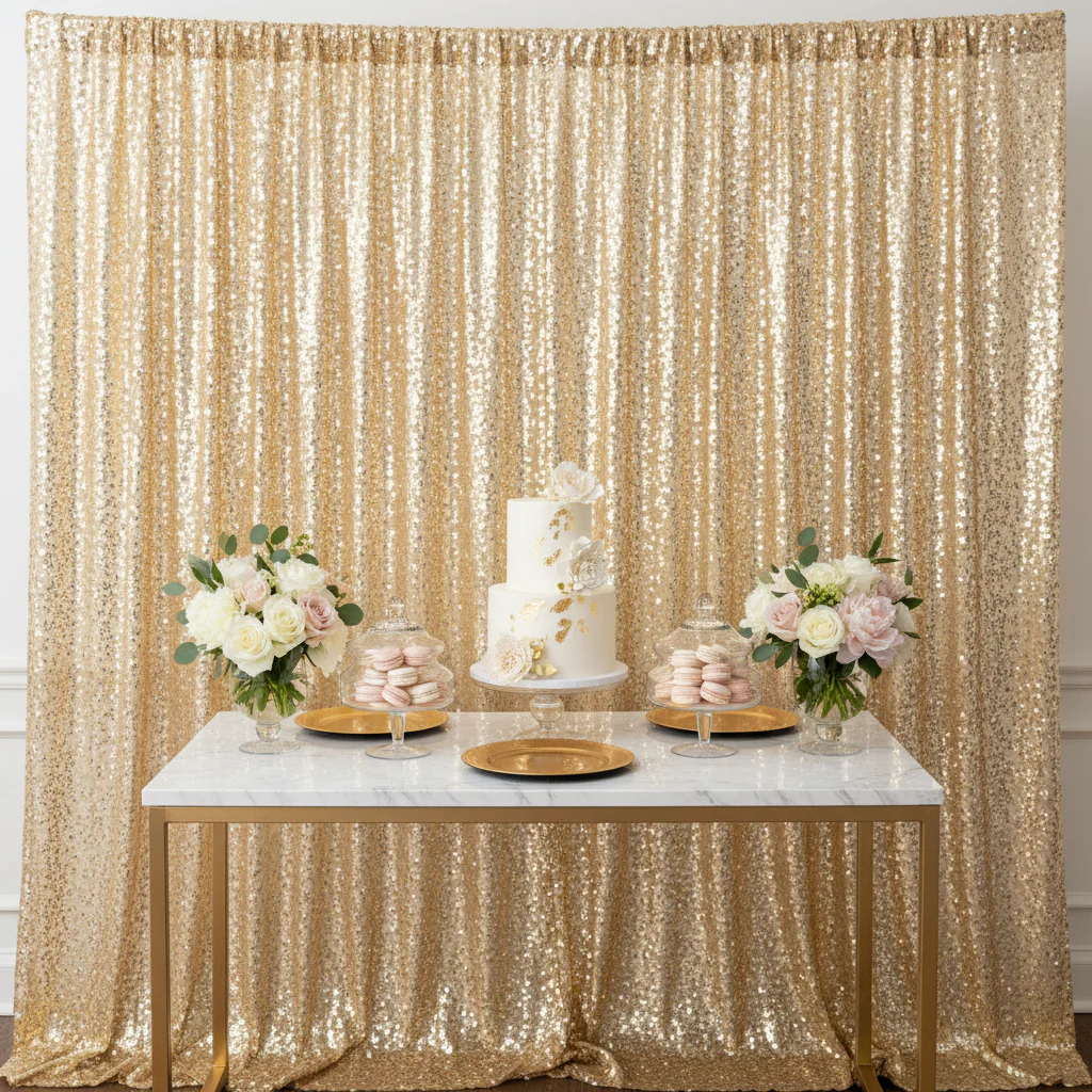 Large Payette Sequin 14ft H x 52" W Drape/Backdrop panel - Gold - Image 5