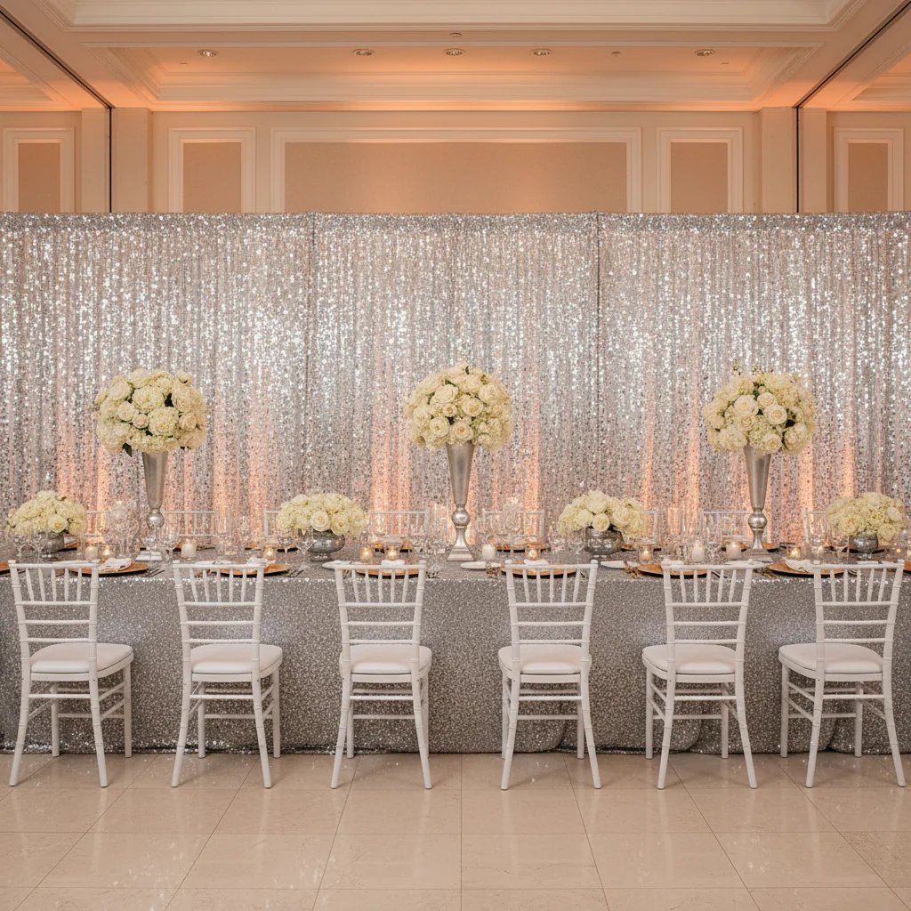 Large Payette Sequin 14ft H x 52" W Drape/Backdrop panel - Silver - Image 2