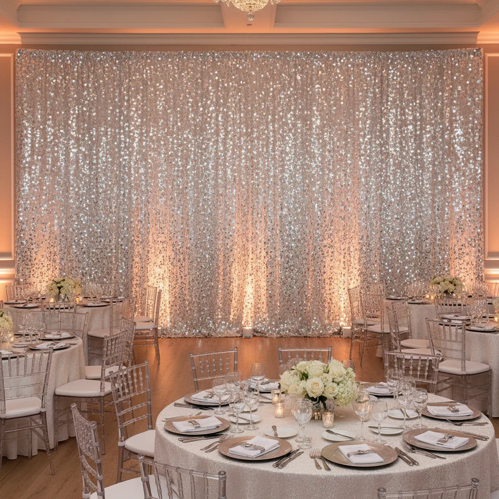 Large Payette Sequin 14ft H x 52" W Drape/Backdrop panel - Silver - Image 4