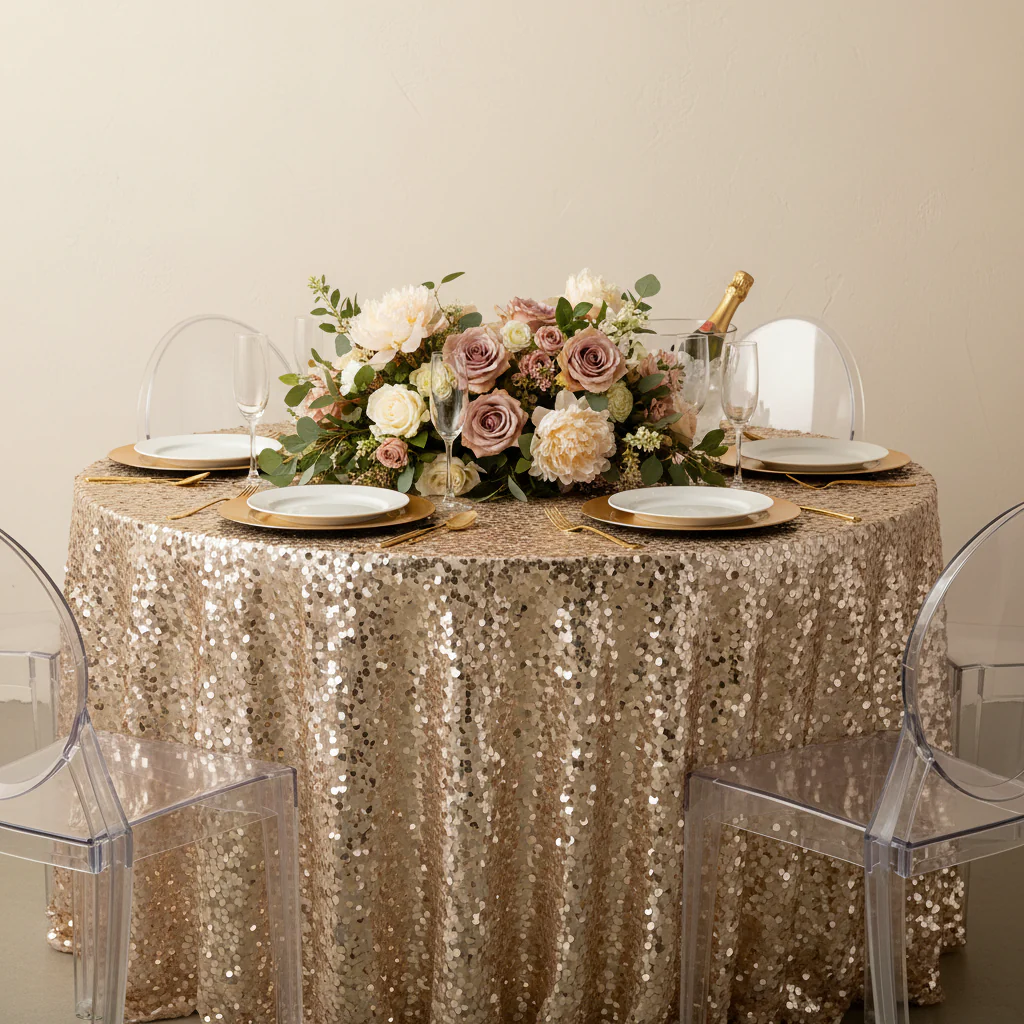 Large Payette Sequin Round 120" Tablecloth - Champagne