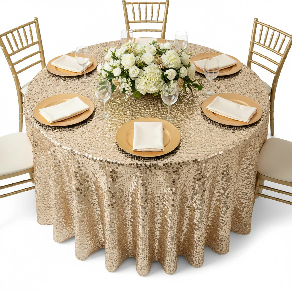Large Payette Sequin Round 120" Tablecloth - Champagne - Image 3