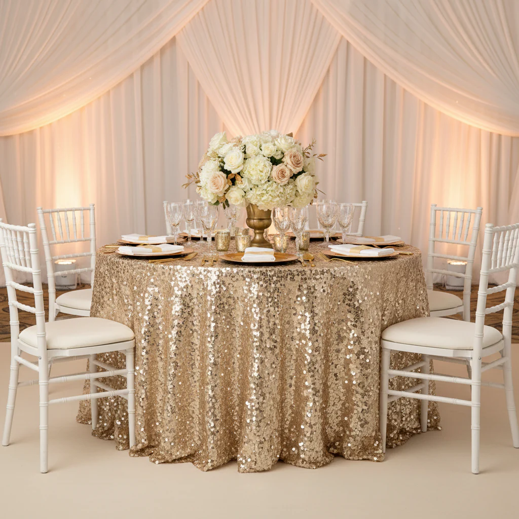 Large Payette Sequin Round 120" Tablecloth - Champagne - Image 5