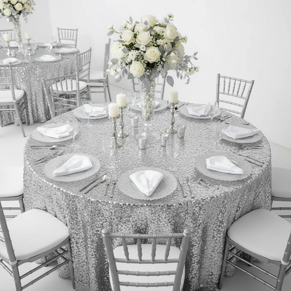 Large Payette Sequin Round 120" Tablecloth - Silver - Image 3