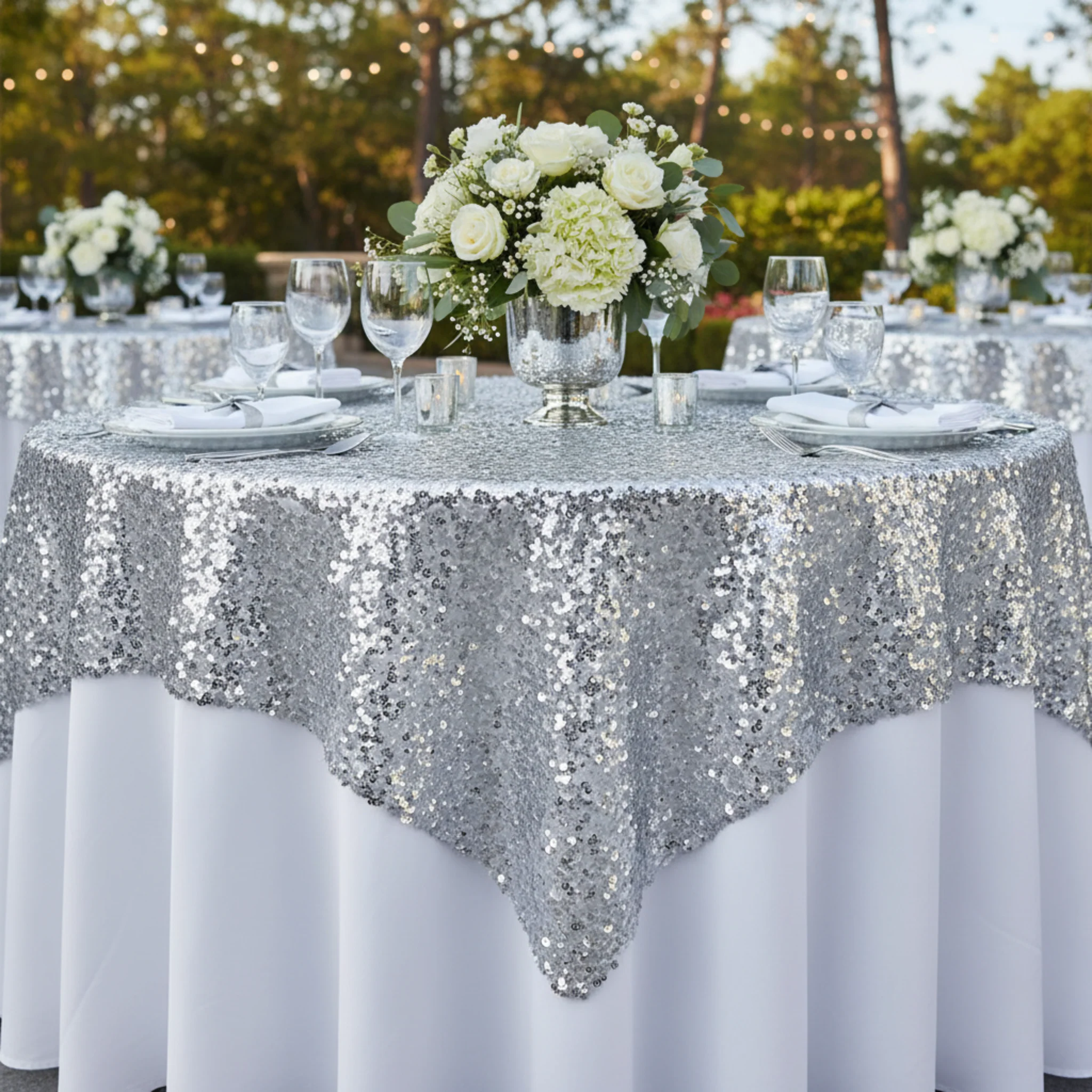 Large Payette Sequin Table Overlay Topper 90"x90" Square - Silver - Image 5