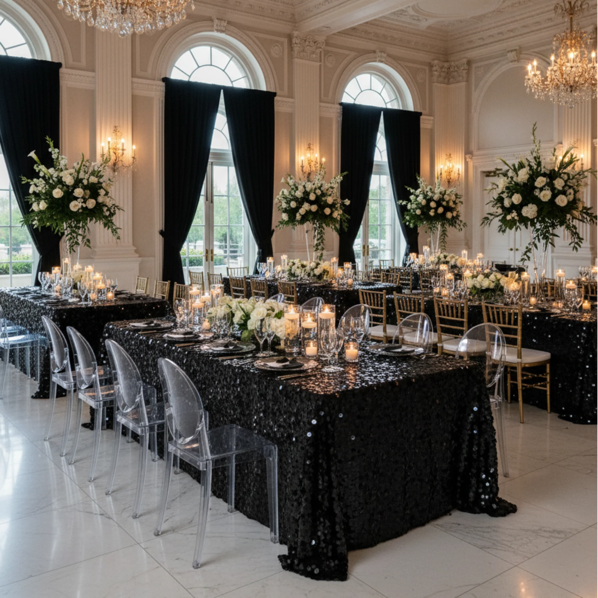 Large Payette Sequin Tablecloth 90"x132" Rectangular - Black - Image 4
