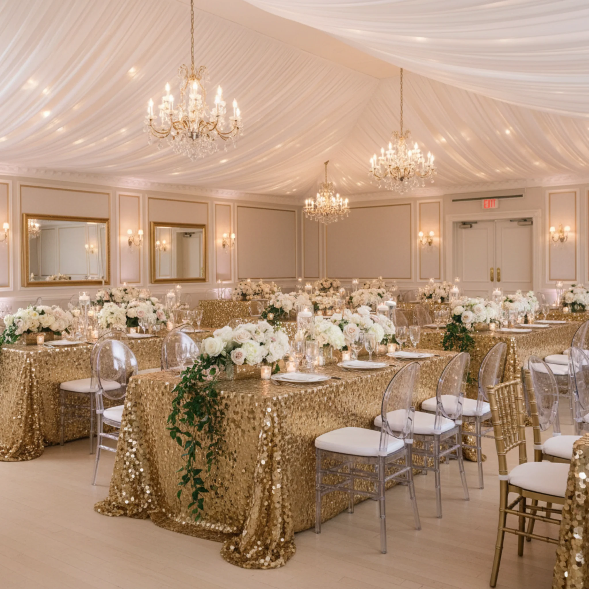 Large Payette Sequin Tablecloth 90"x132" Rectangular - Gold - Image 3