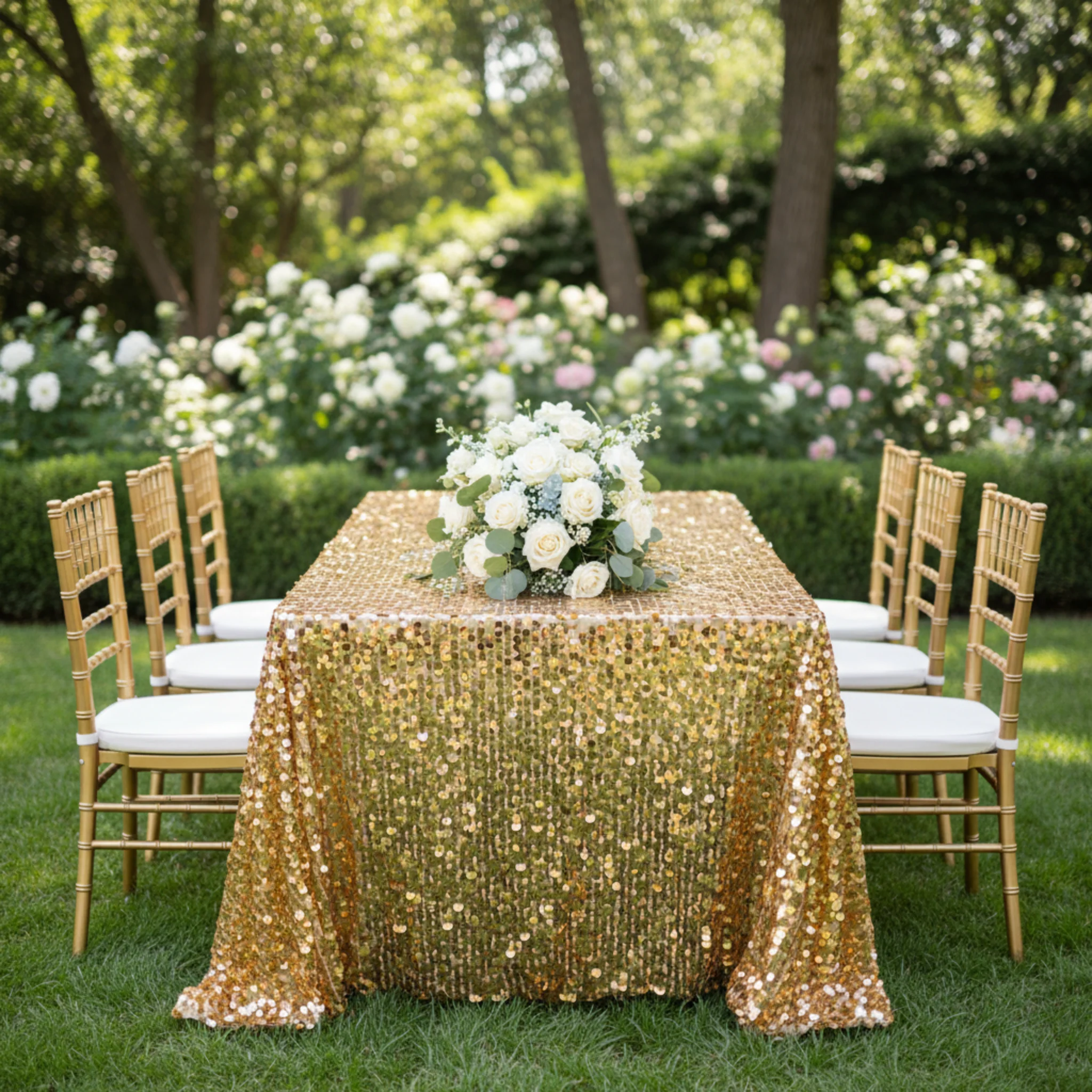 Large Payette Sequin Tablecloth 90"x132" Rectangular - Gold - Image 4