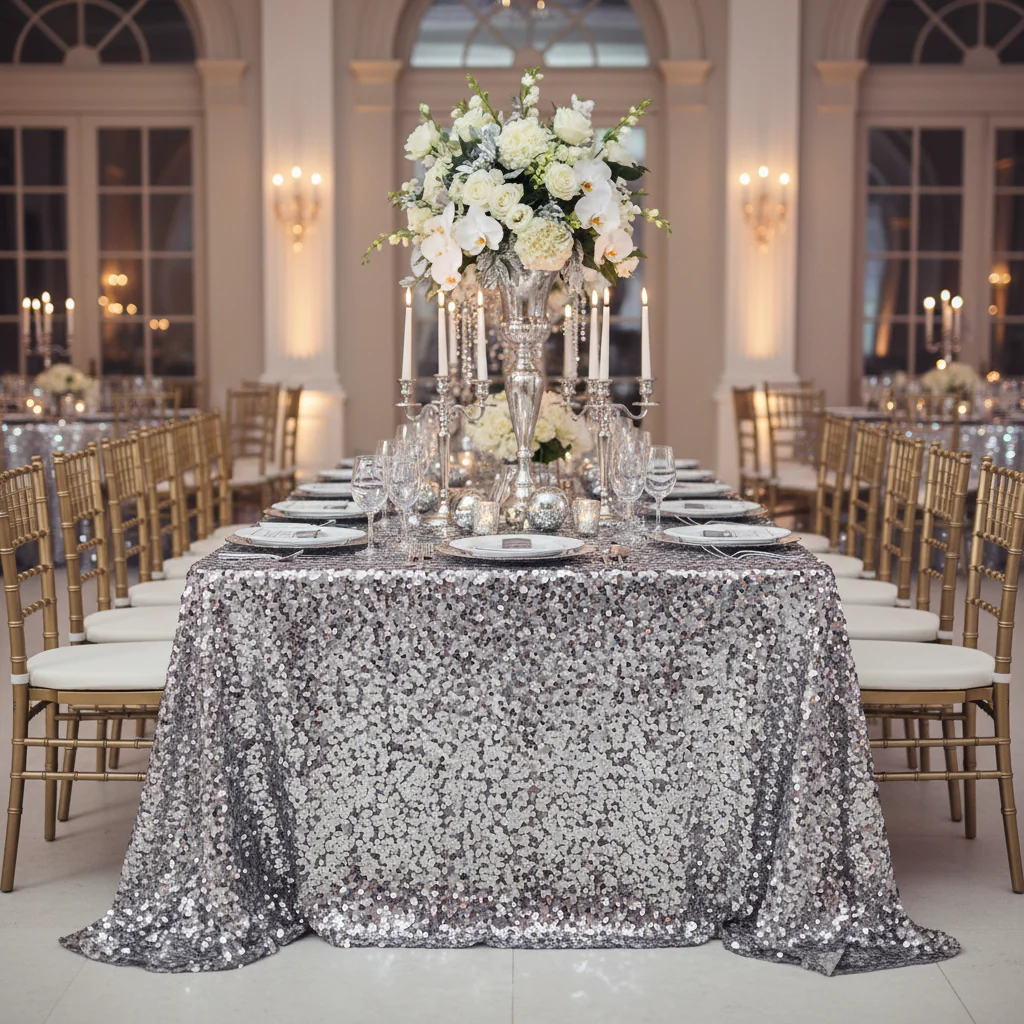 Large Payette Sequin Tablecloth 90"x132" Rectangular - Silver - Image 2