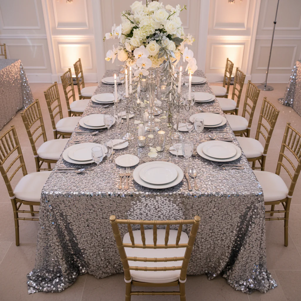 Large Payette Sequin Tablecloth 90"x132" Rectangular - Silver - Image 3