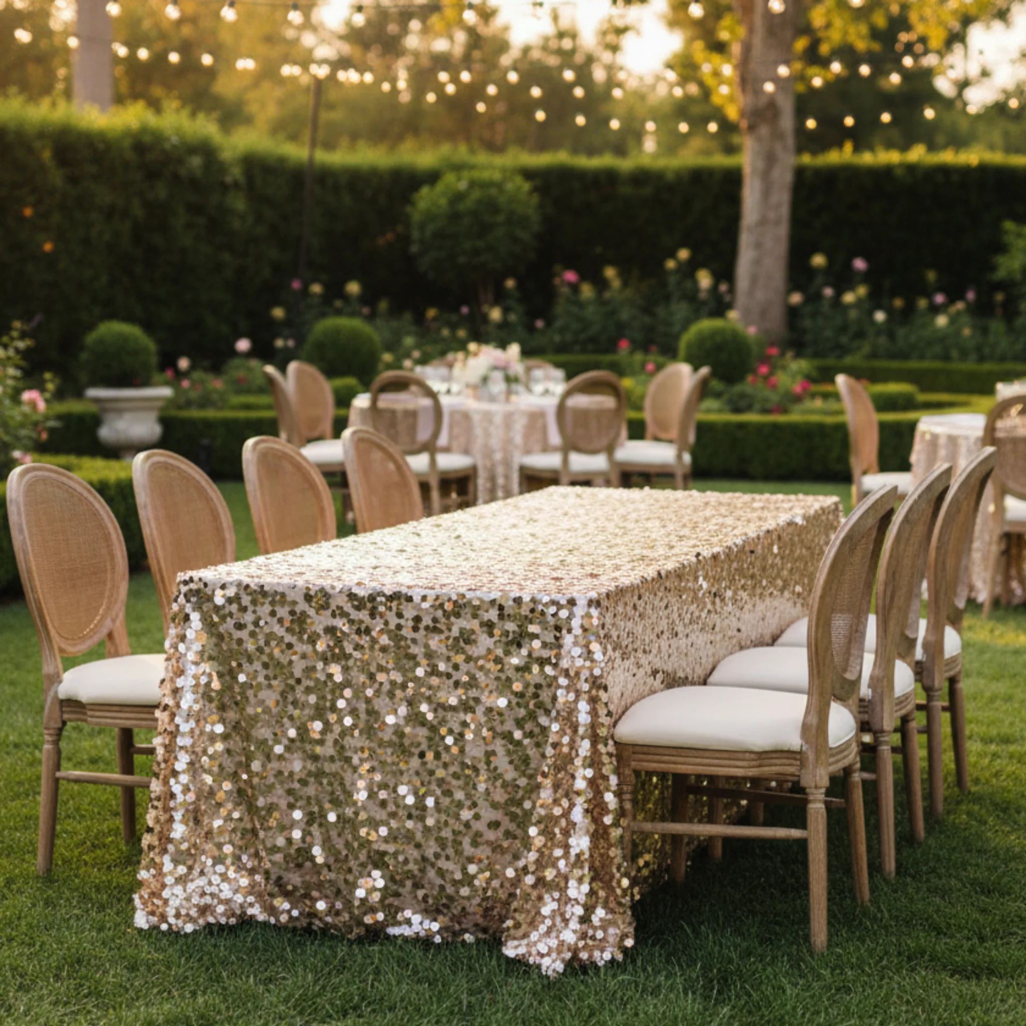 Large Payette Sequin Tablecloth 90"x156" Rectangular - Champagne - Image 3