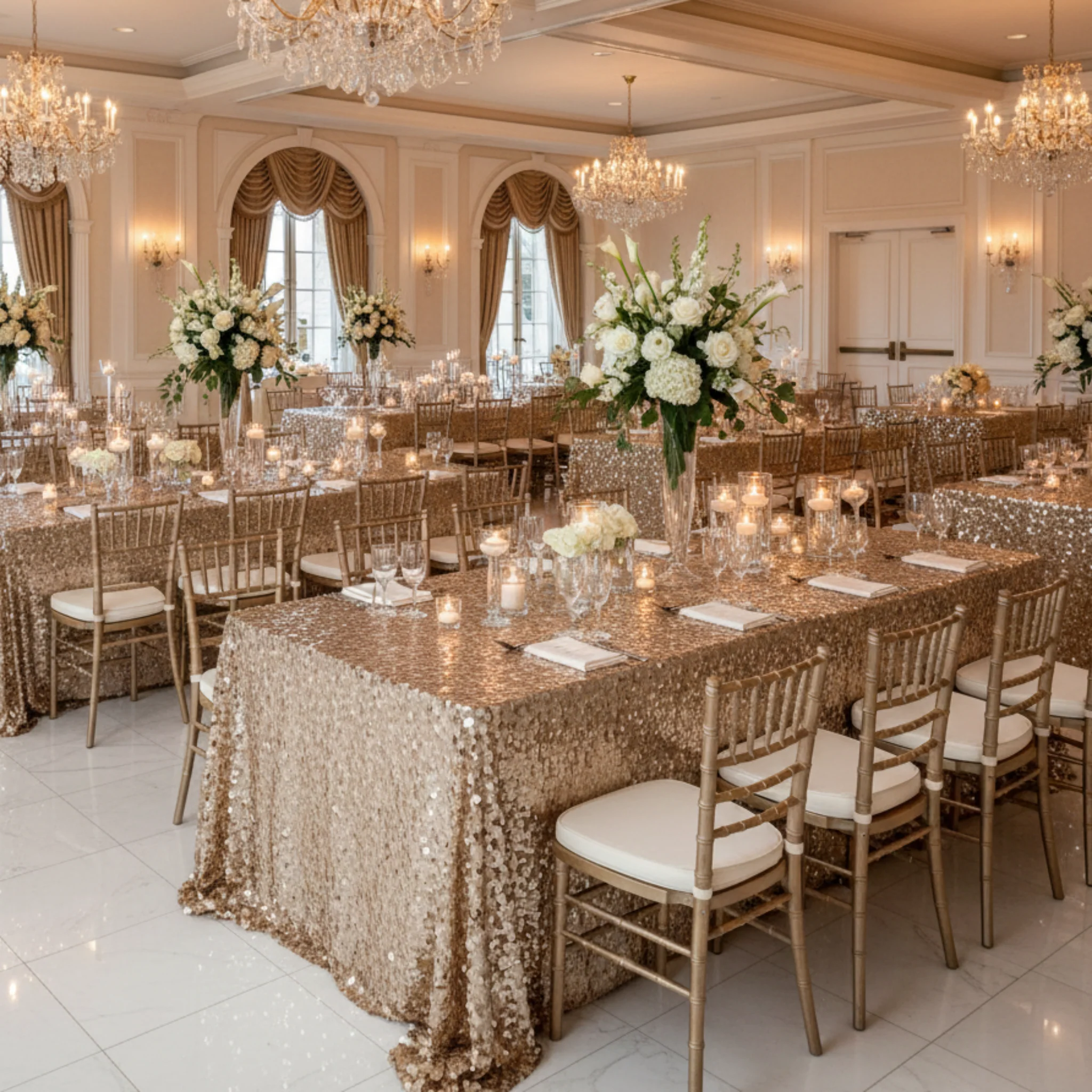 Large Payette Sequin Tablecloth 90"x156" Rectangular - Champagne - Image 4