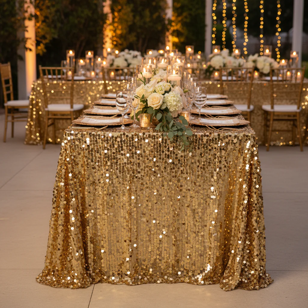 Large Payette Sequin Tablecloth 90"x156" Rectangular - Gold - Image 2