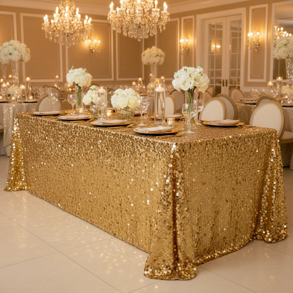 Large Payette Sequin Tablecloth 90"x156" Rectangular - Gold - Image 3